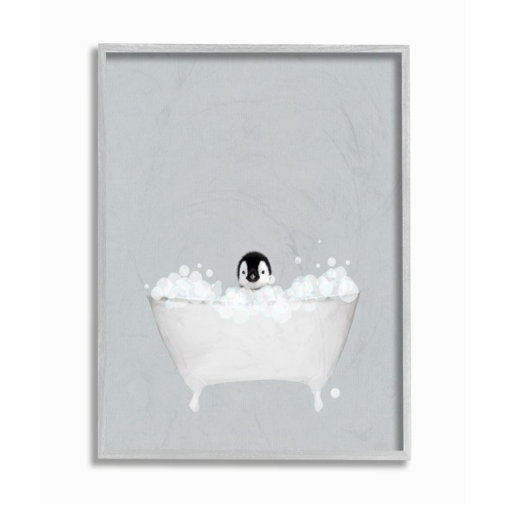 Stupell Industries Penguin Blue Bath Cute Animal Design Graphic Art Gray Framed Art Print Wall Art, 16x20, by Leah Straatsma