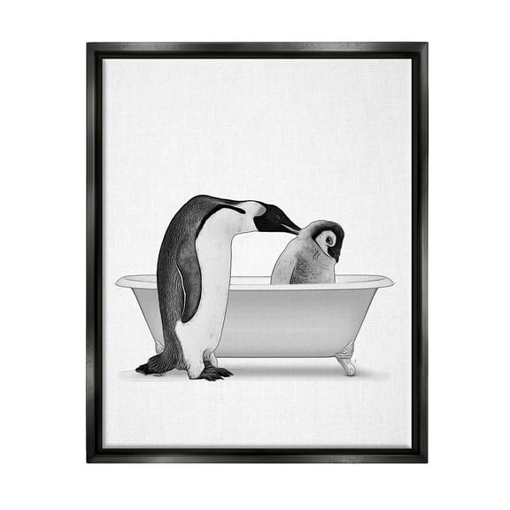Stupell Industries Penguin & Chick Bathroom Tub Animals & Insects Painting Black Floater Framed Art Print Wall Art