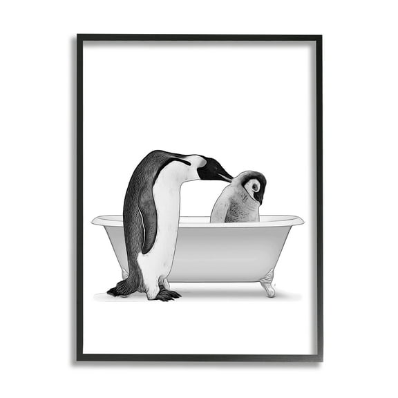 Stupell Industries Penguin & Chick Bathroom Tub Animals & Insects Painting Black Framed Art Print Wall Art
