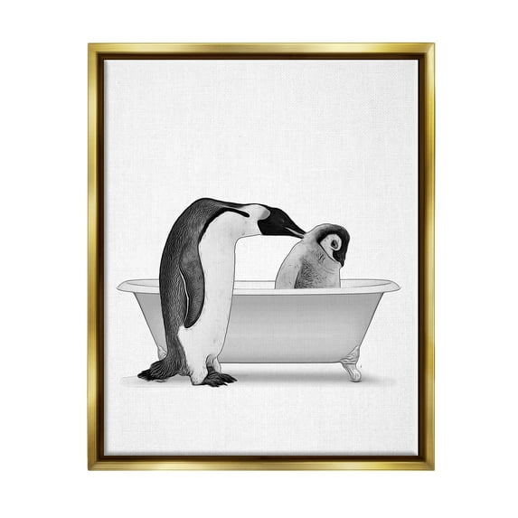 Stupell Industries Penguin & Chick Bathroom Tub Animals & Insects Painting Gold Floater Framed Art Print Wall Art