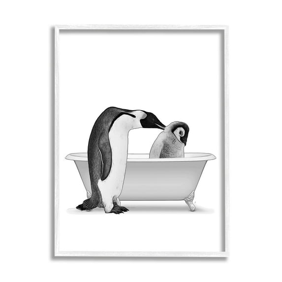 Stupell Industries Penguin & Chick Bathroom Tub Animals & Insects Painting White Framed Art Print Wall Art