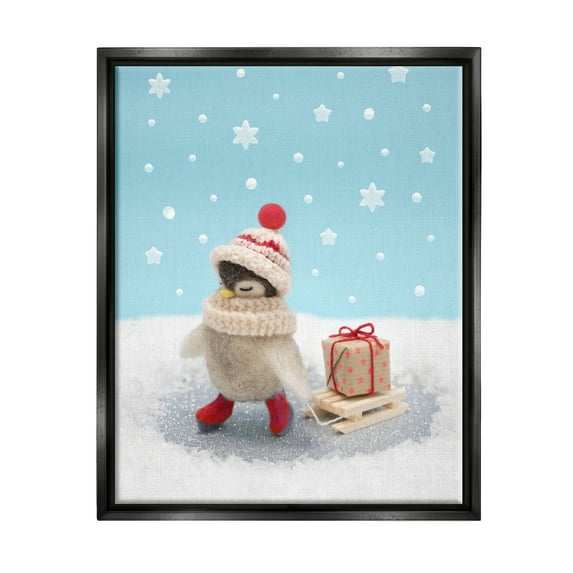 Stupell Industries Penguin Christmas Present Sled Holiday Photography Black Floater Framed Art Print Wall Art