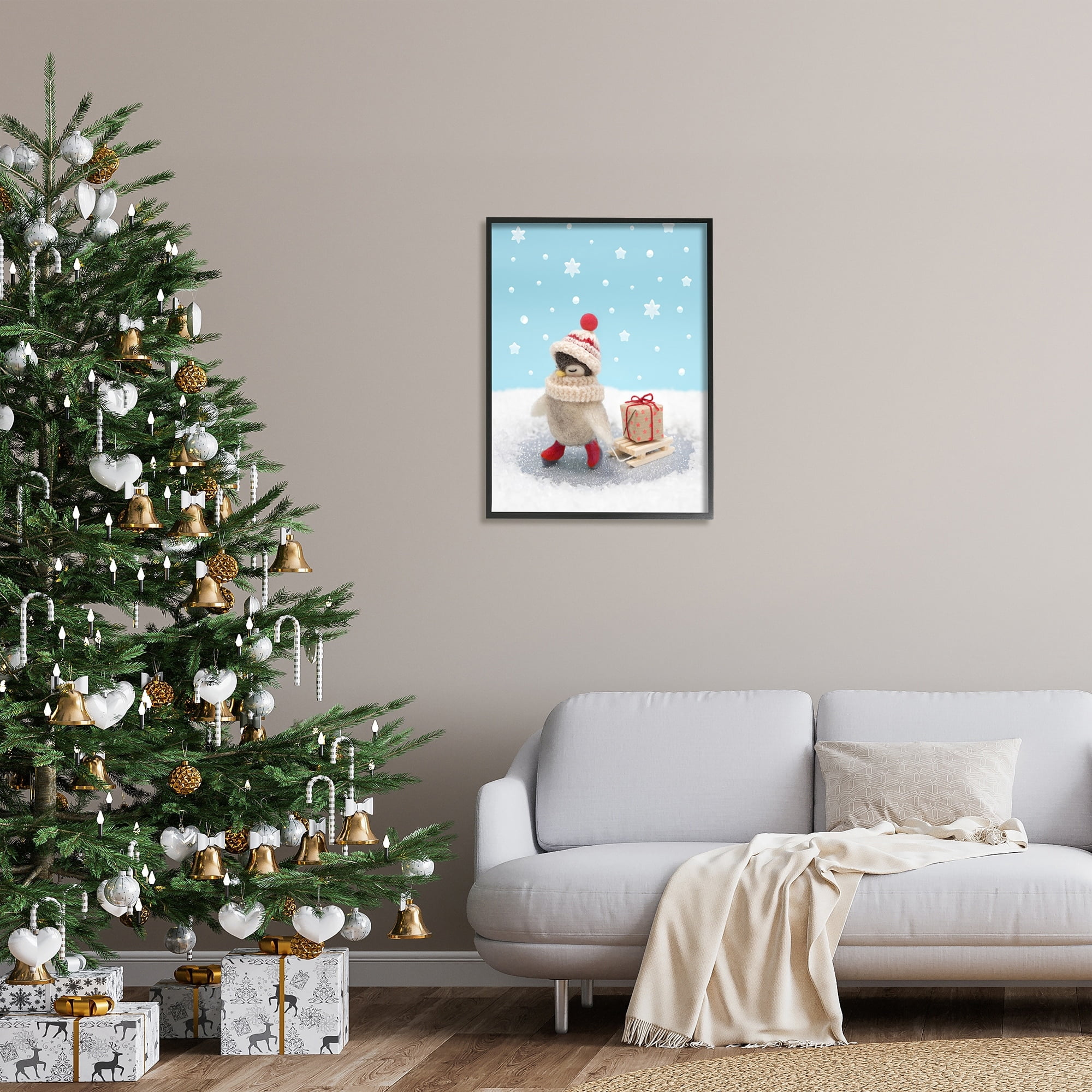 Stupell Industries Penguin Christmas Present Sled Holiday Photography Black Framed Art Print Wall Art