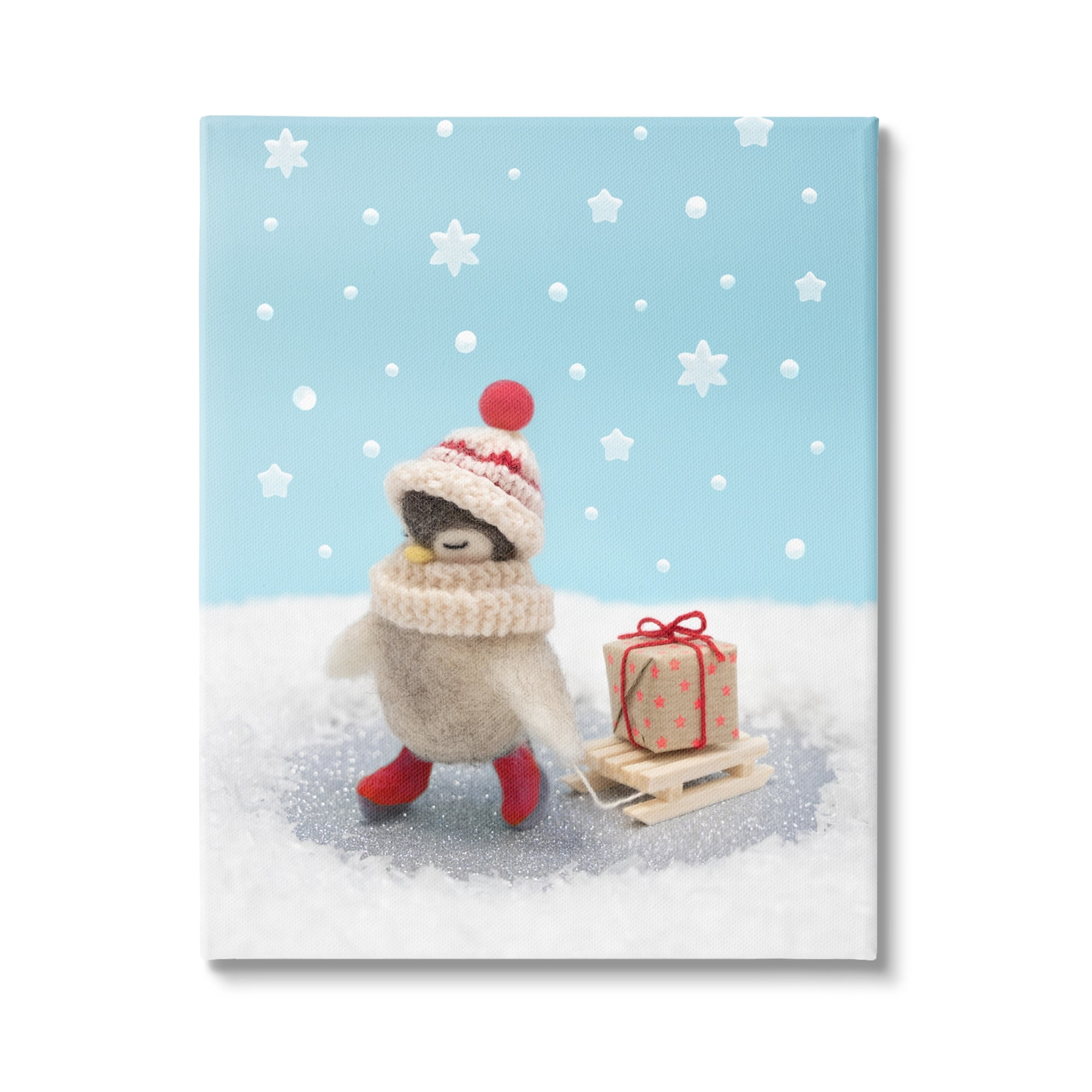 Stupell Industries Penguin Christmas Present Sled Holiday Photography Gallery Wrapped Canvas Print Wall Art