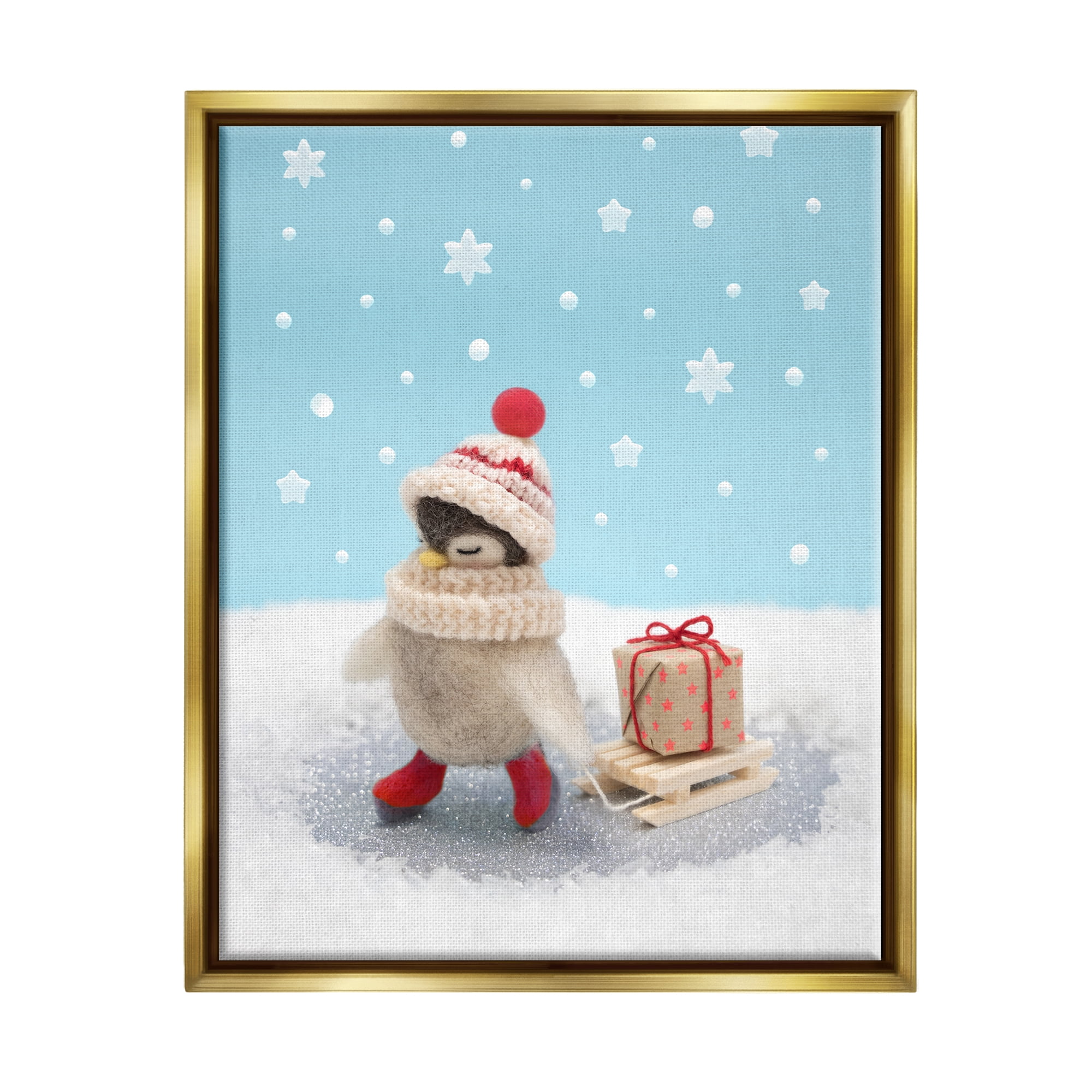 Stupell Industries Penguin Christmas Present Sled Holiday Photography Gold Floater Framed Art Print Wall Art