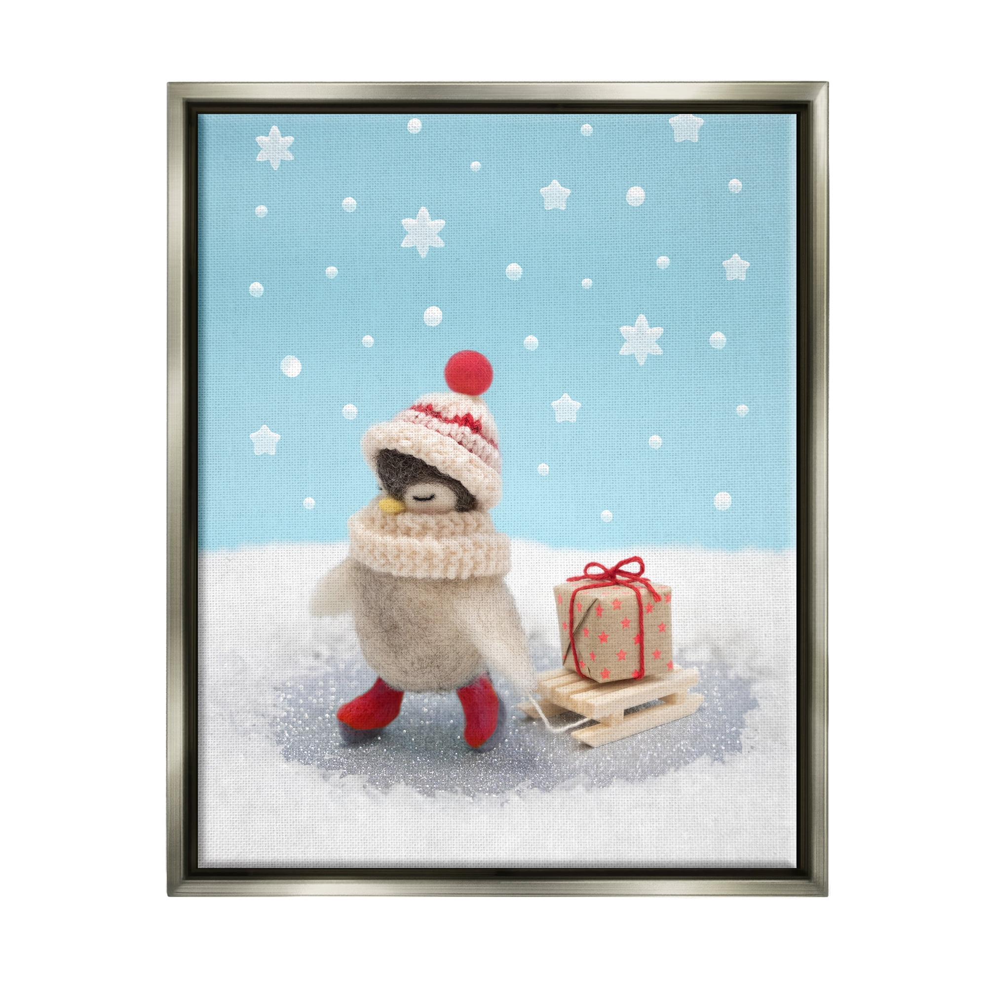 Stupell Industries Penguin Christmas Present Sled Holiday Photography Gray Floater Framed Art Print Wall Art
