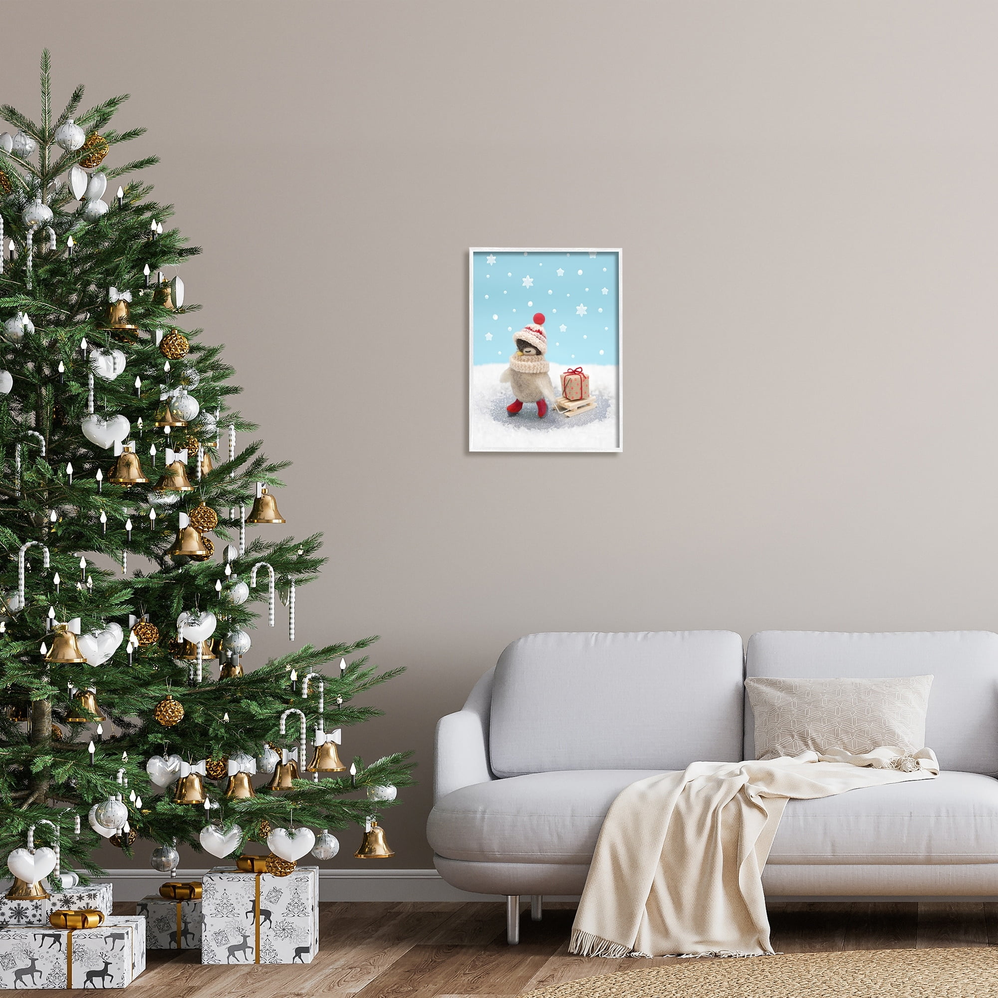 Stupell Industries Penguin Christmas Present Sled Holiday Photography White Framed Art Print Wall Art