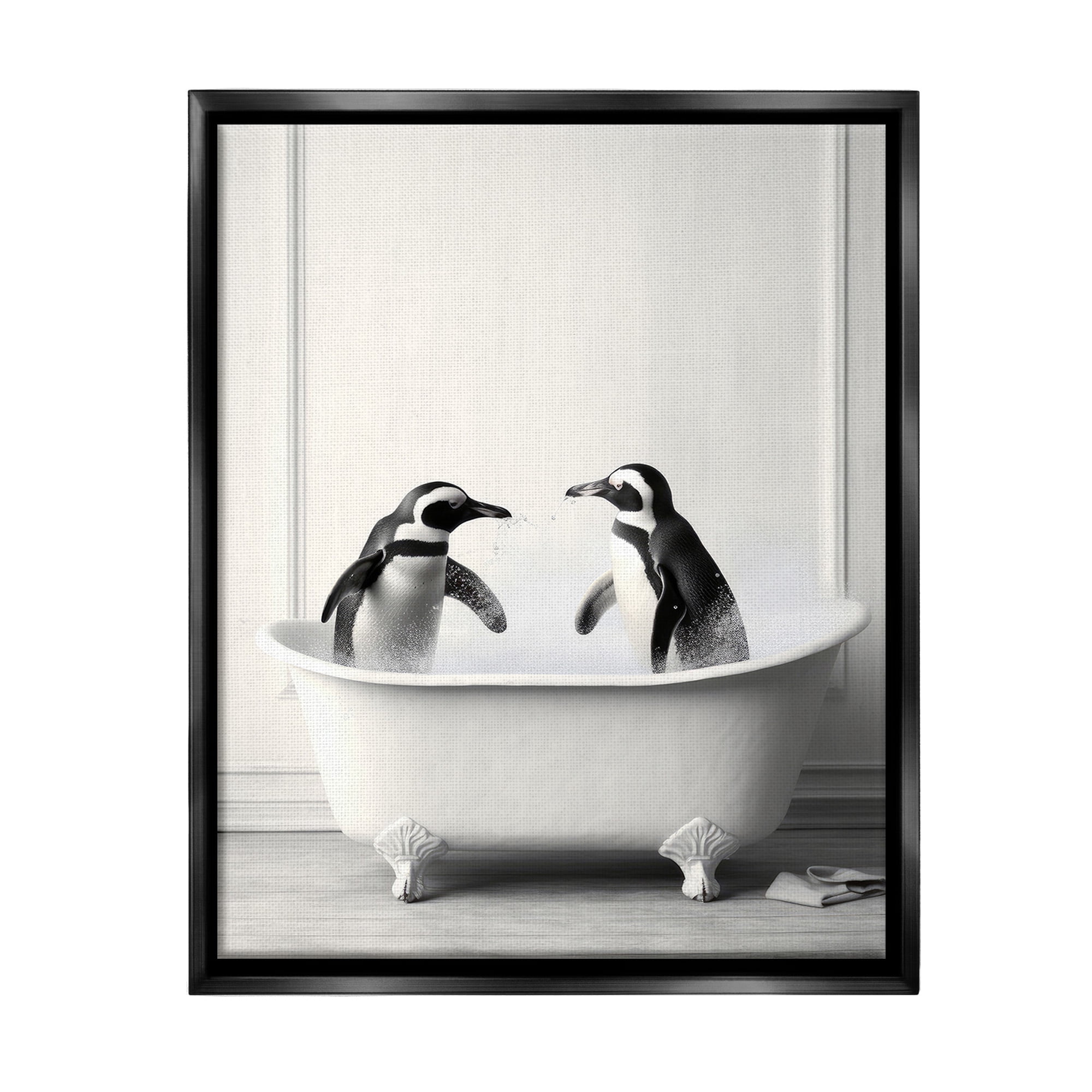 Stupell Industries Penguin Duo in Bath Animals & Insects Painting Black Floater Framed Canvas Art Print Wall Art, 17 x 21