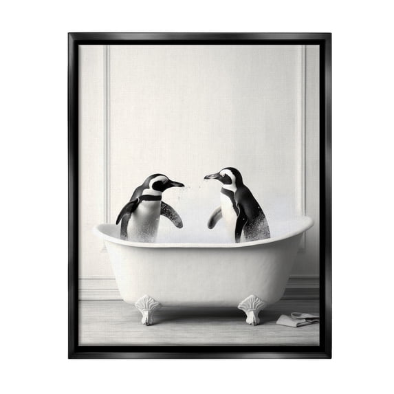 Stupell Industries Penguin Duo in Bath Animals & Insects Painting Black Floater Framed Canvas Art Print Wall Art, 17 x 21