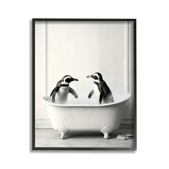 Stupell Industries Penguin Duo in Bath Animals & Insects Painting Black Framed Art Print Wall Art, 11 x 14