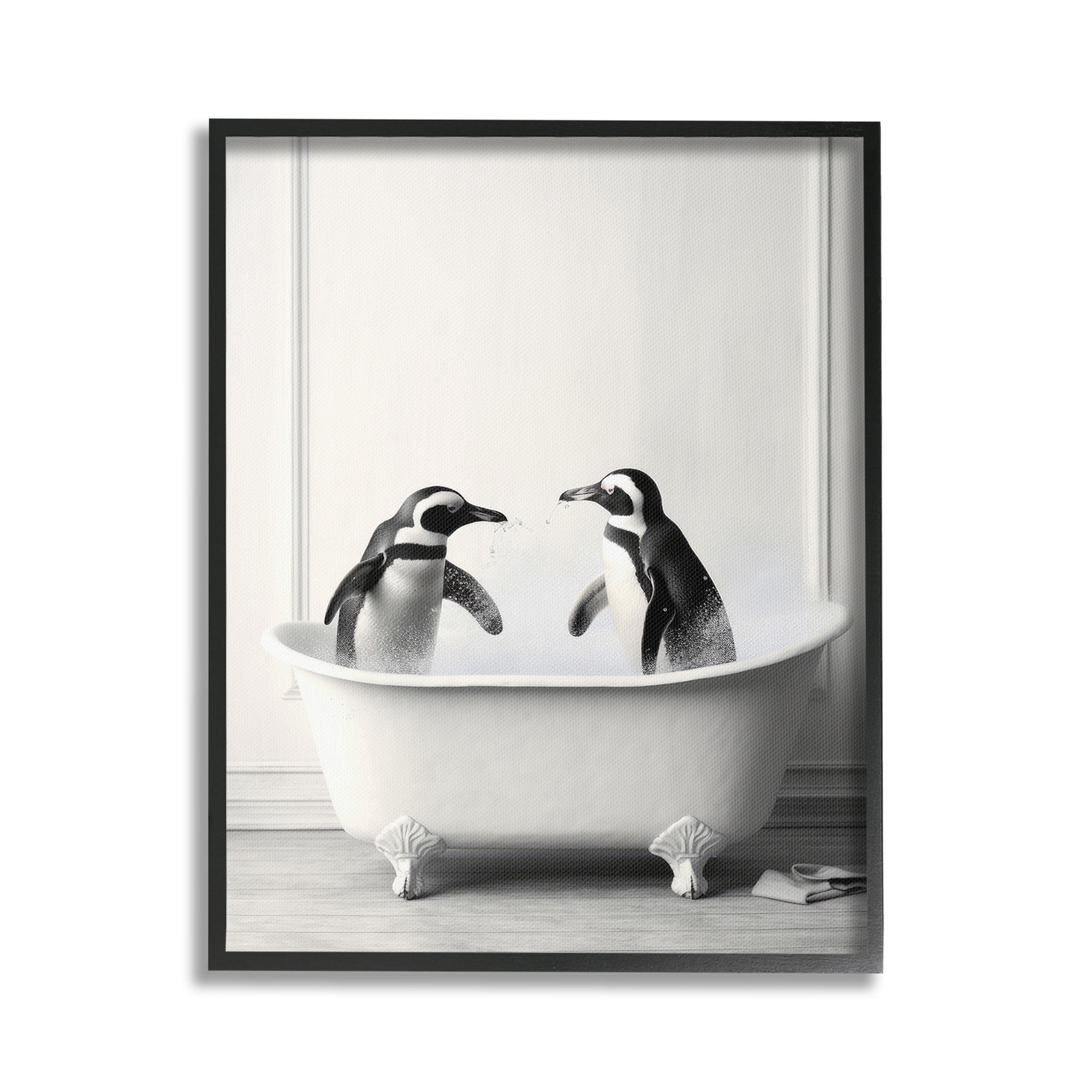 Stupell Industries Penguin Duo in Bath Animals & Insects Painting Black Framed Art Print Wall Art, 16 x 20