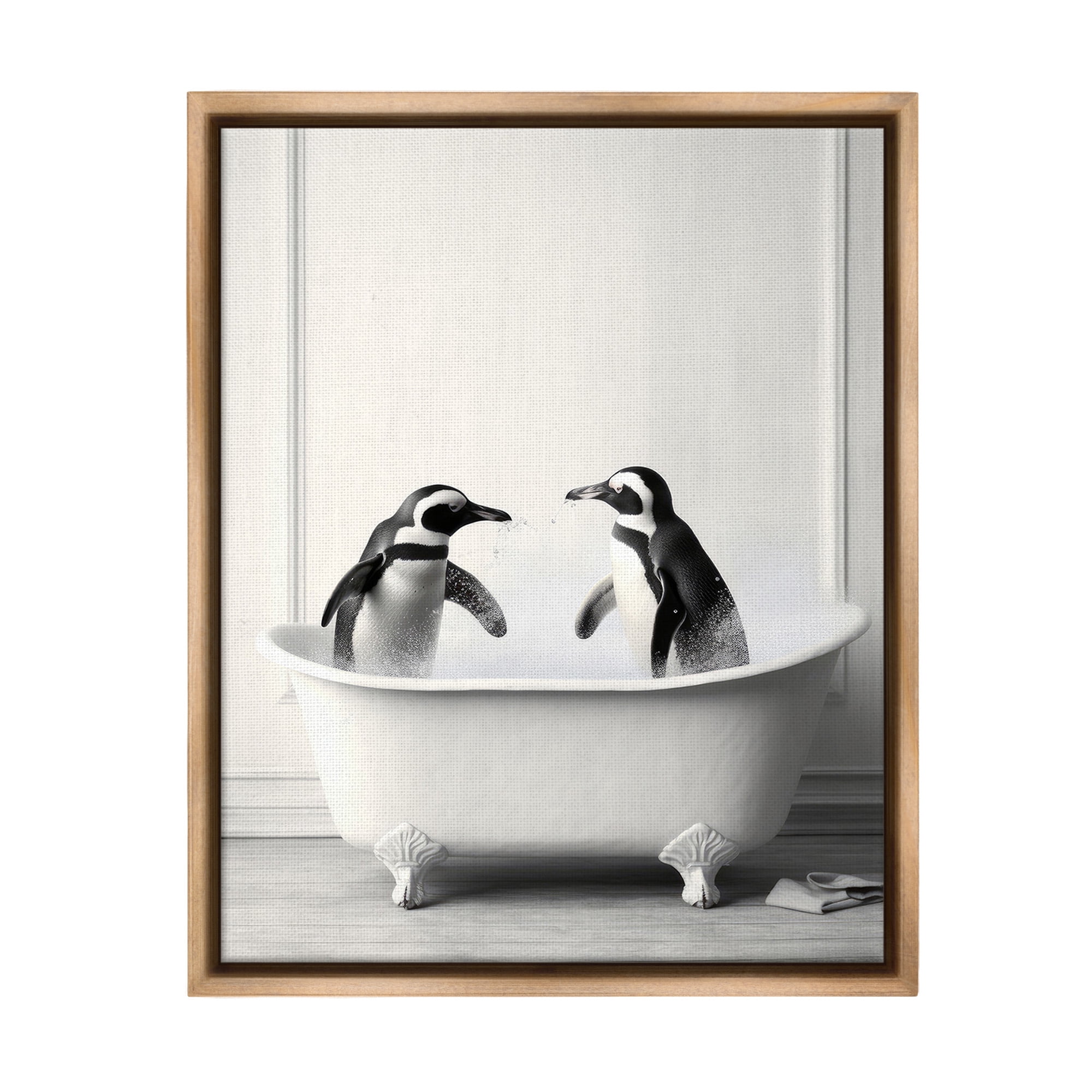 Stupell Industries Penguin Duo in Bath Animals & Insects Painting Brown Floater Framed Canvas Art Print Wall Art, 17 x 21