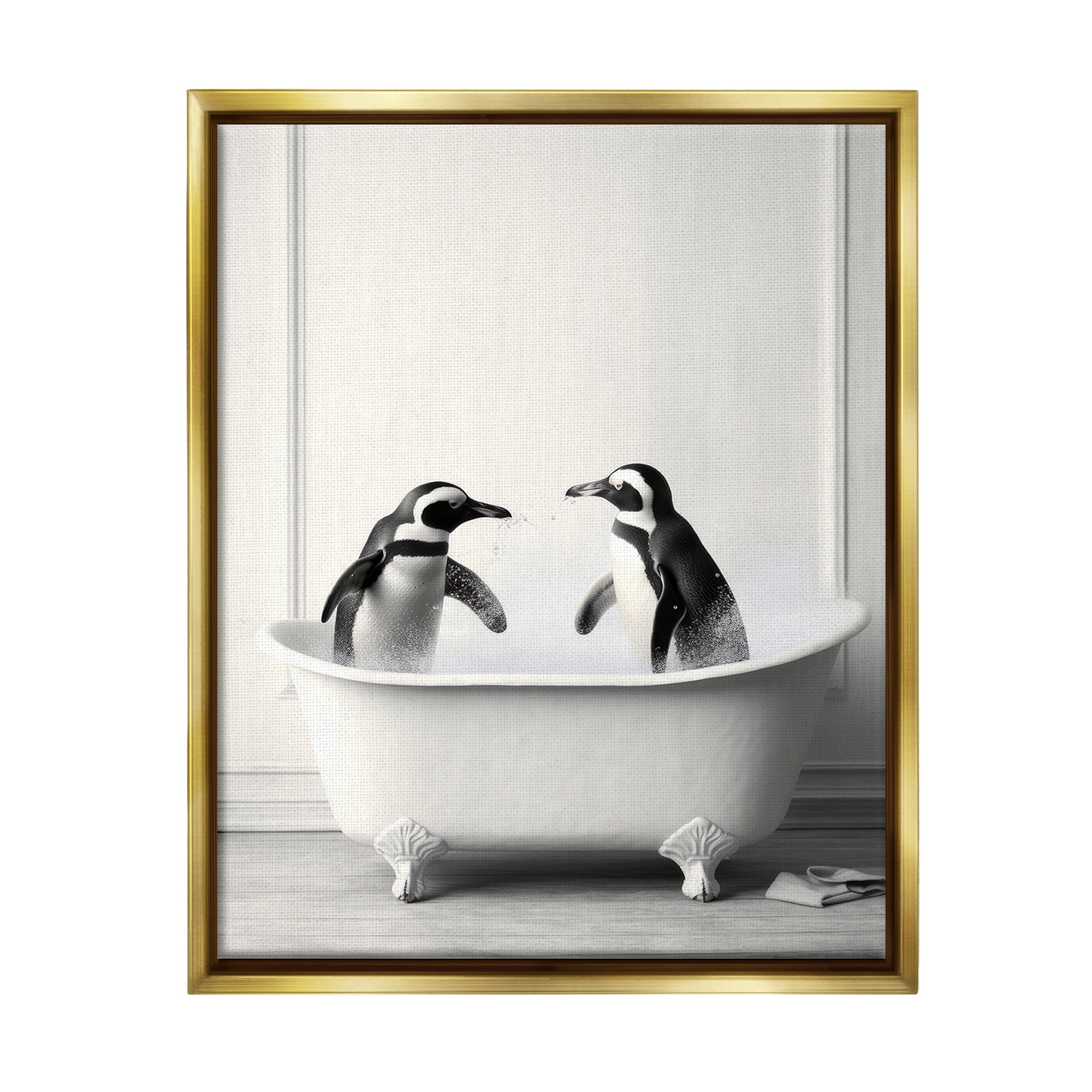 Stupell Industries Penguin Duo in Bath Animals & Insects Painting Gold Floater Framed Canvas Art Print Wall Art, 25 x 31