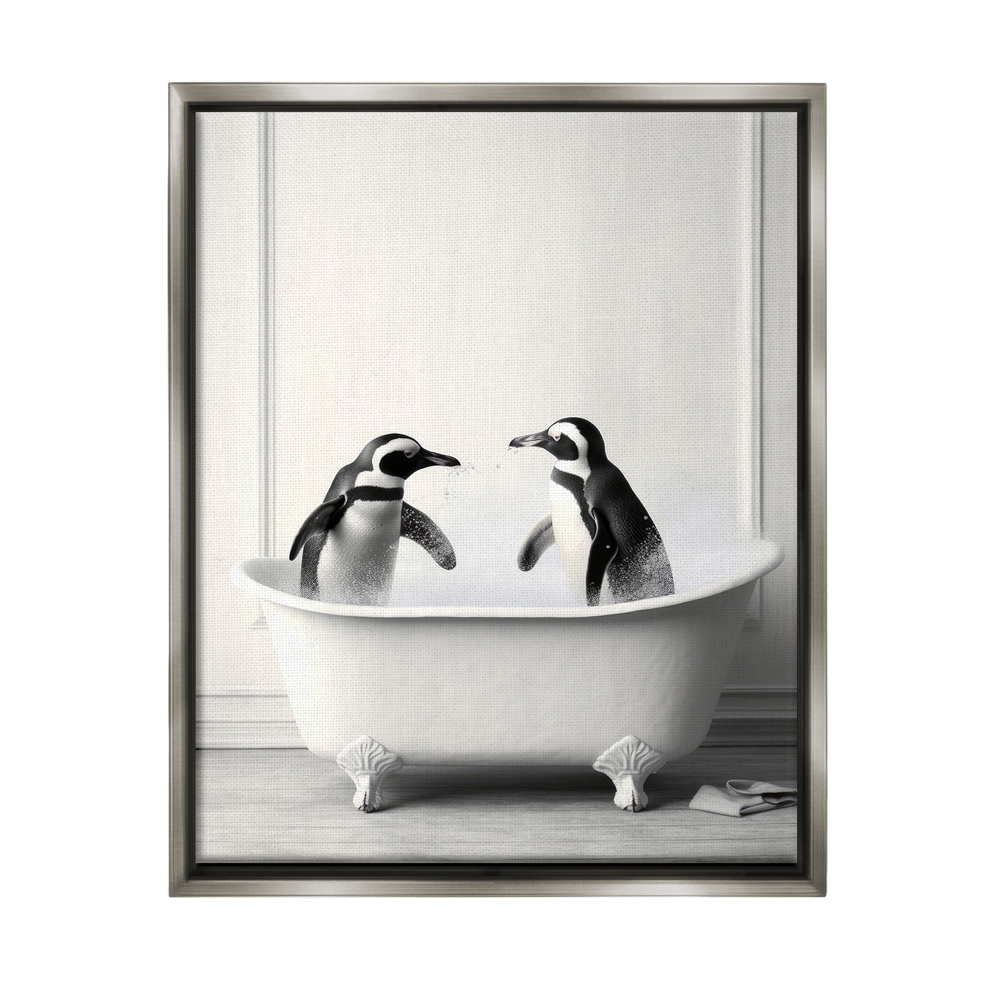Stupell Industries Penguin Duo in Bath Animals & Insects Painting Gray Floater Framed Canvas Art Print Wall Art, 25 x 31