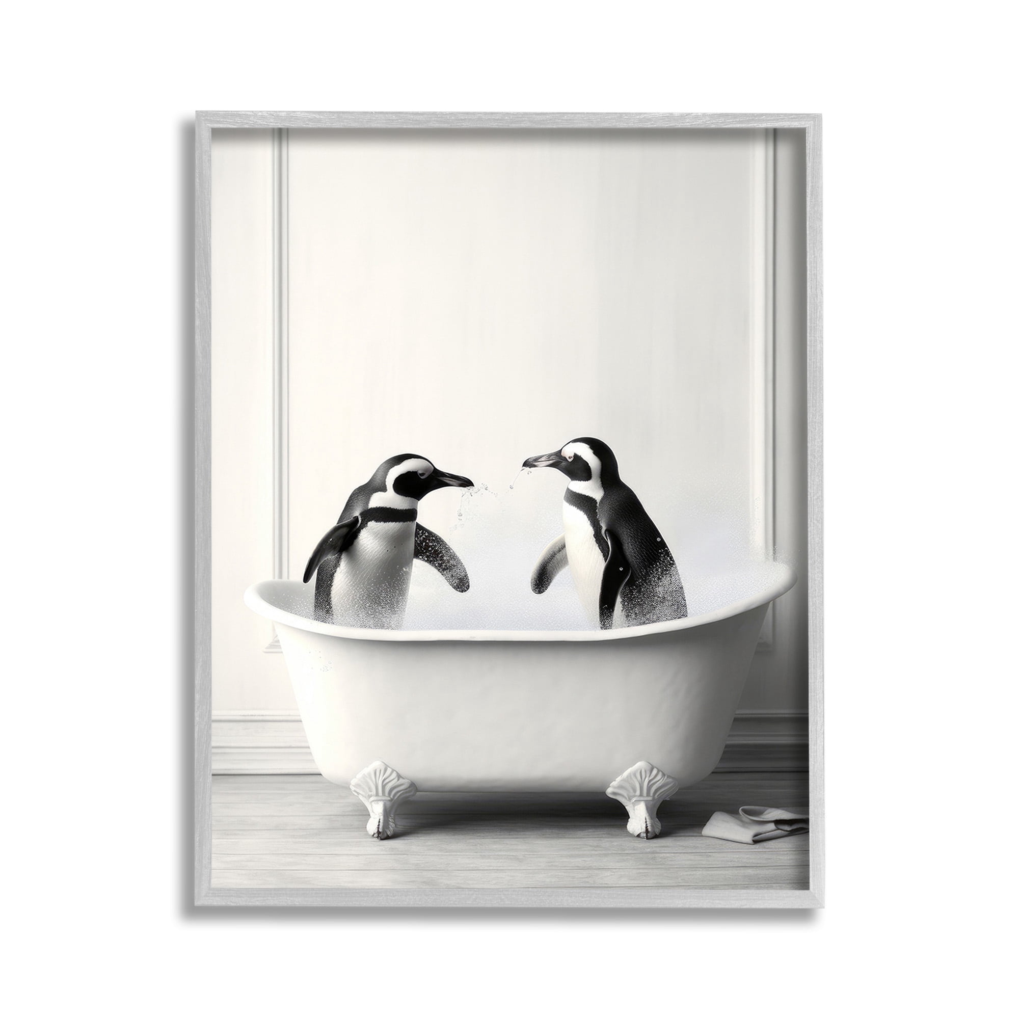 Stupell Industries Penguin Duo in Bath Animals & Insects Painting Gray Framed Art Print Wall Art, 11 x 14