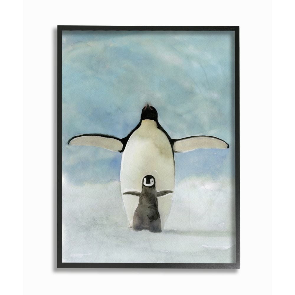 Stupell Industries Penguin Family Blue Watercolor Animal Painting Framed Wall Art by Stellar Studio, 24" x 30", Black Framed