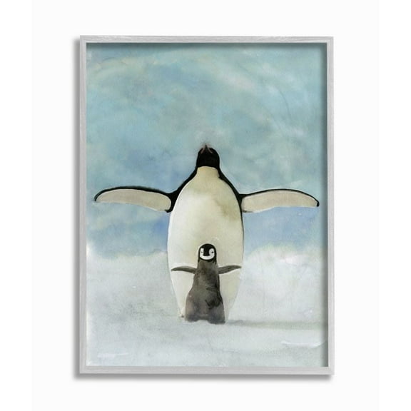 Stupell Industries Penguin Family Blue Watercolor Animal Painting Gray Framed Art Print Wall Art, 11x14, by Stellar Design Studio