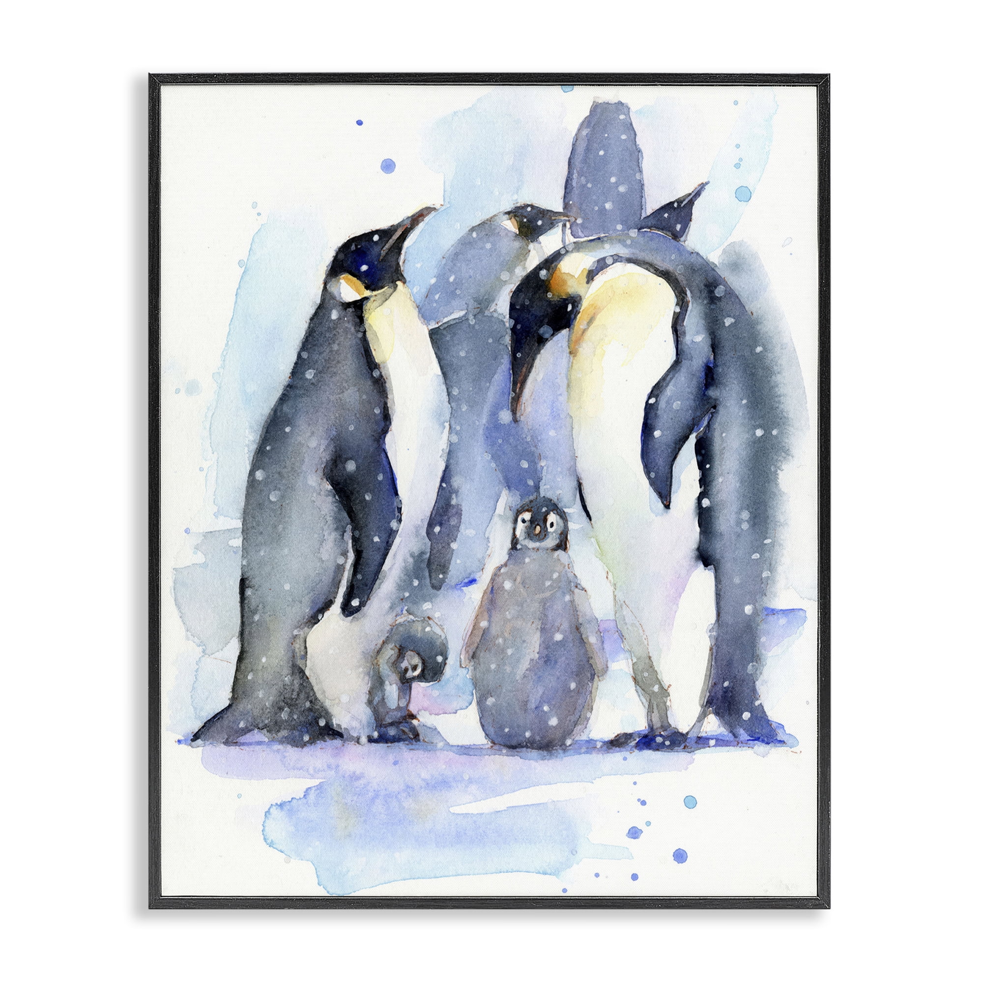 Stupell Industries Penguin Family Watercolor Animals Painting Black Framed Art Print Wall Art, 16 x 20