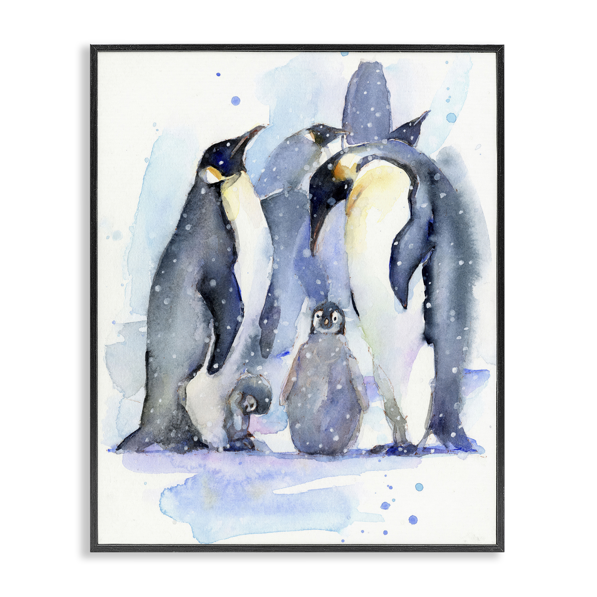Stupell Industries Penguin Family Watercolor Animals Painting Black Framed Art Print Wall Art, 24 x 30