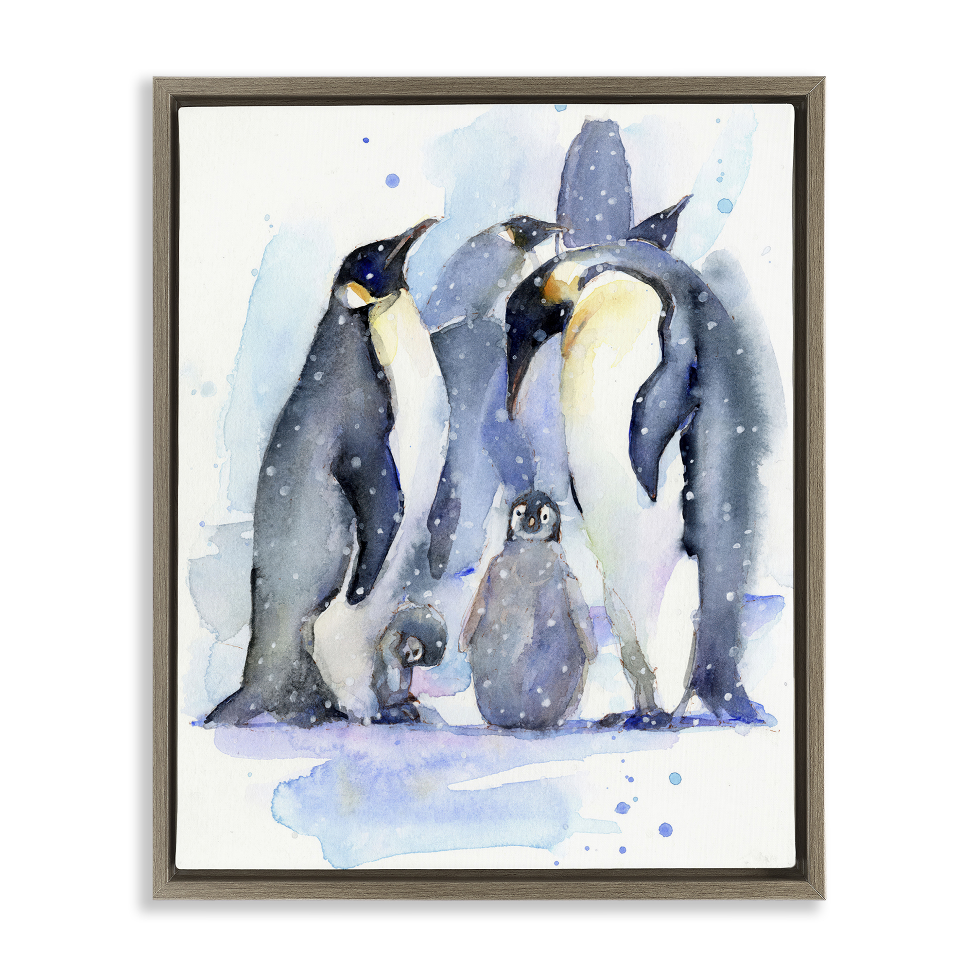 Stupell Industries Penguin Family Watercolor Animals Painting Brown Floater Framed Canvas Art Print Wall Art, 17 x 21