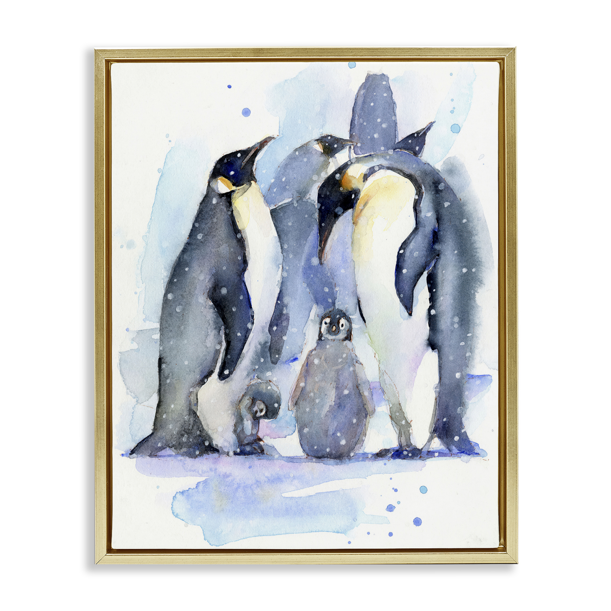 Stupell Industries Penguin Family Watercolor Animals Painting Gold Floater Framed Canvas Art Print Wall Art, 25 x 31