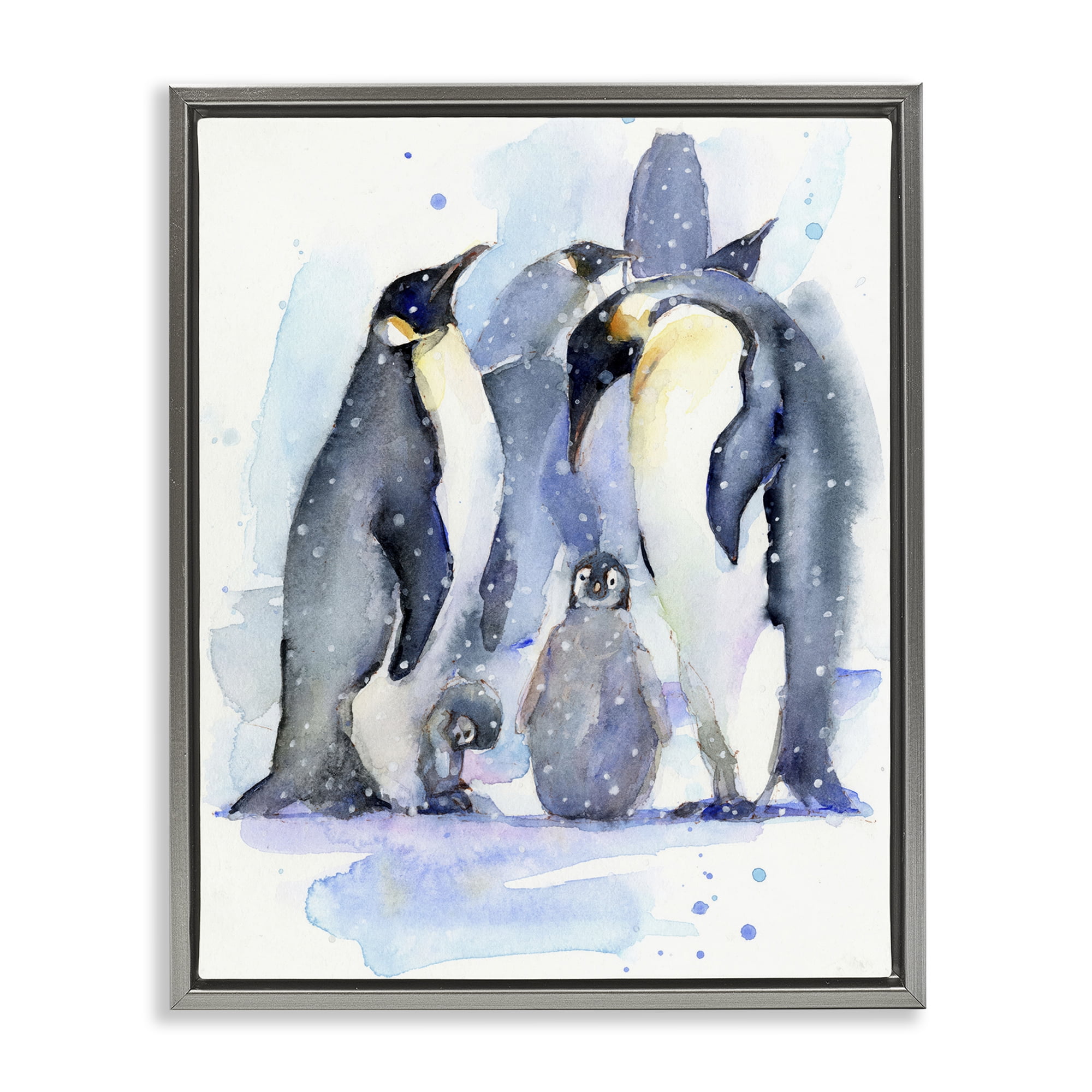 Stupell Industries Penguin Family Watercolor Animals Painting Gray Floater Framed Canvas Art Print Wall Art, 17 x 21
