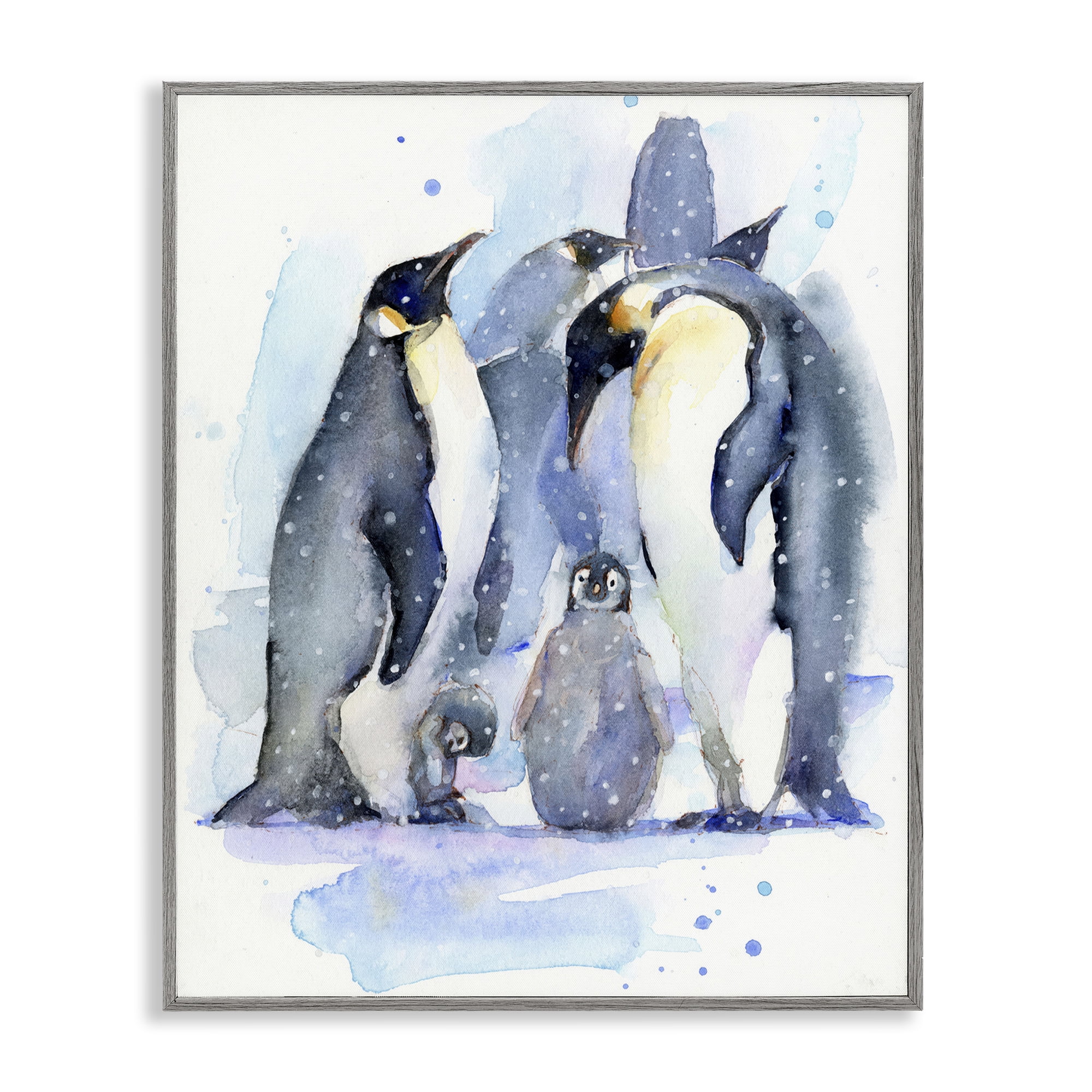 Stupell Industries Penguin Family Watercolor Animals Painting Gray Framed Art Print Wall Art, 24 x 30