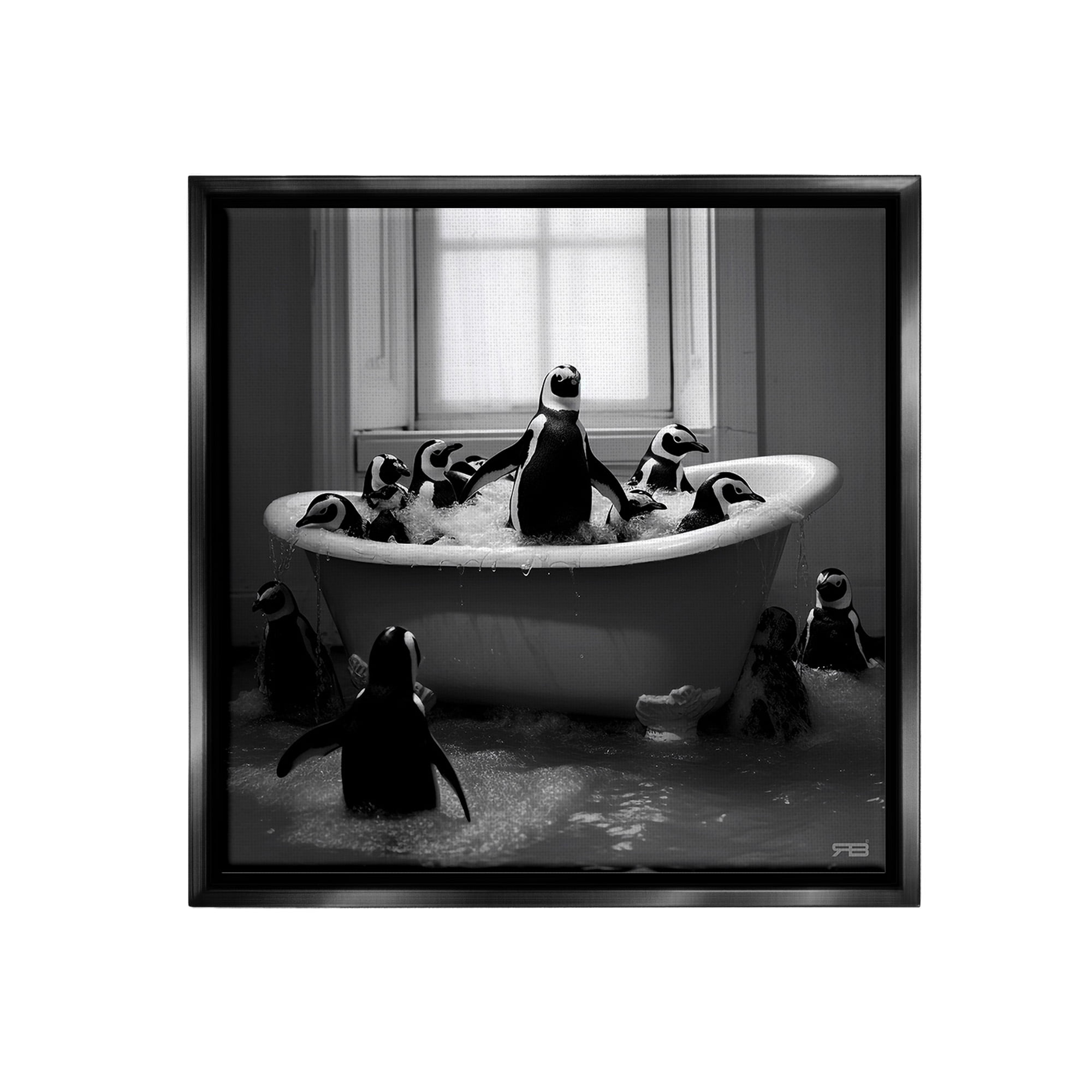 Stupell Industries Penguin Flock in Tub Animals & Insects Painting Black Floater Framed Canvas Art Print Wall Art, 25 x 25