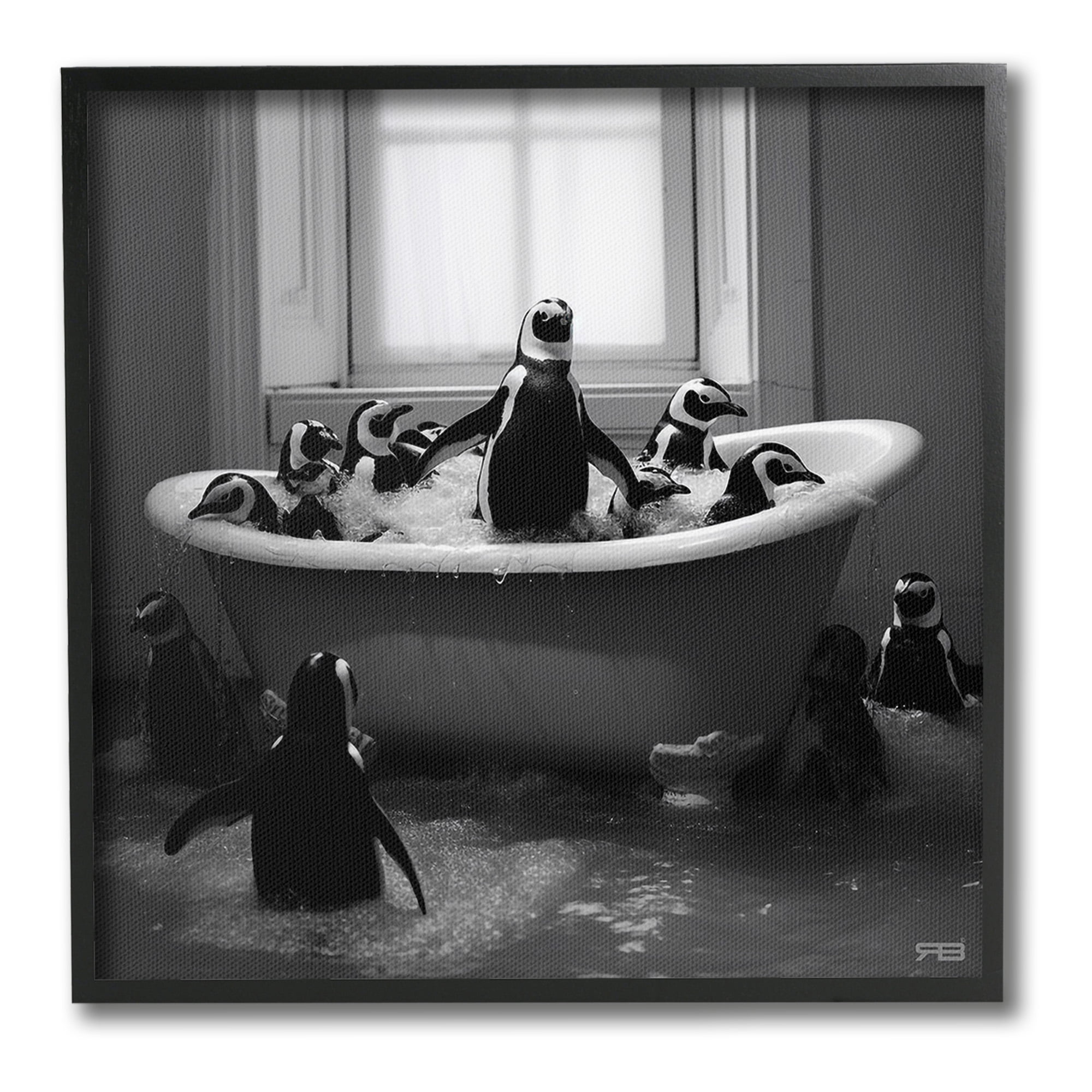 Stupell Industries Penguin Flock in Tub Animals & Insects Painting Black Framed Art Print Wall Art, 12 x 12