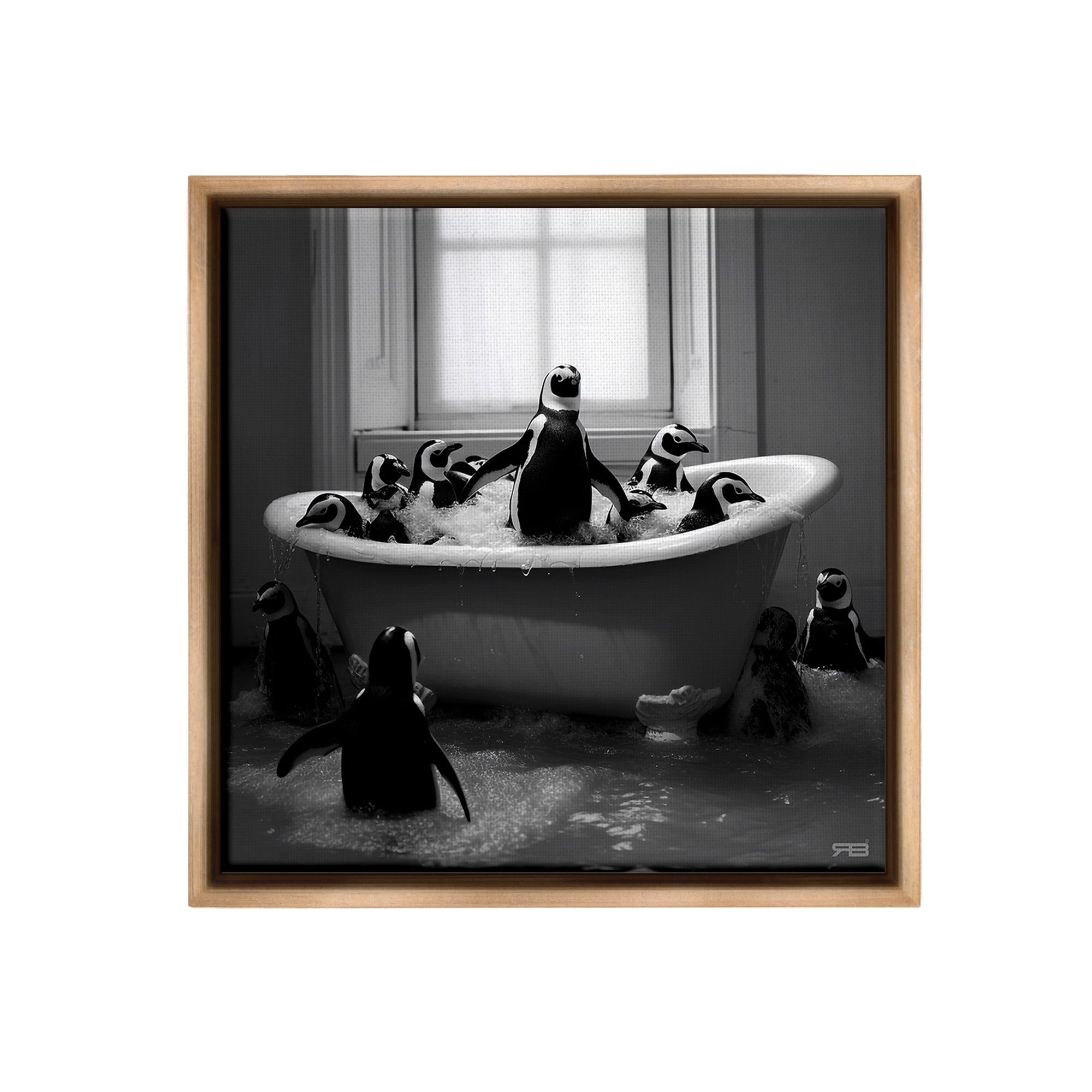 Stupell Industries Penguin Flock in Tub Animals & Insects Painting Brown Floater Framed Canvas Art Print Wall Art, 25 x 25