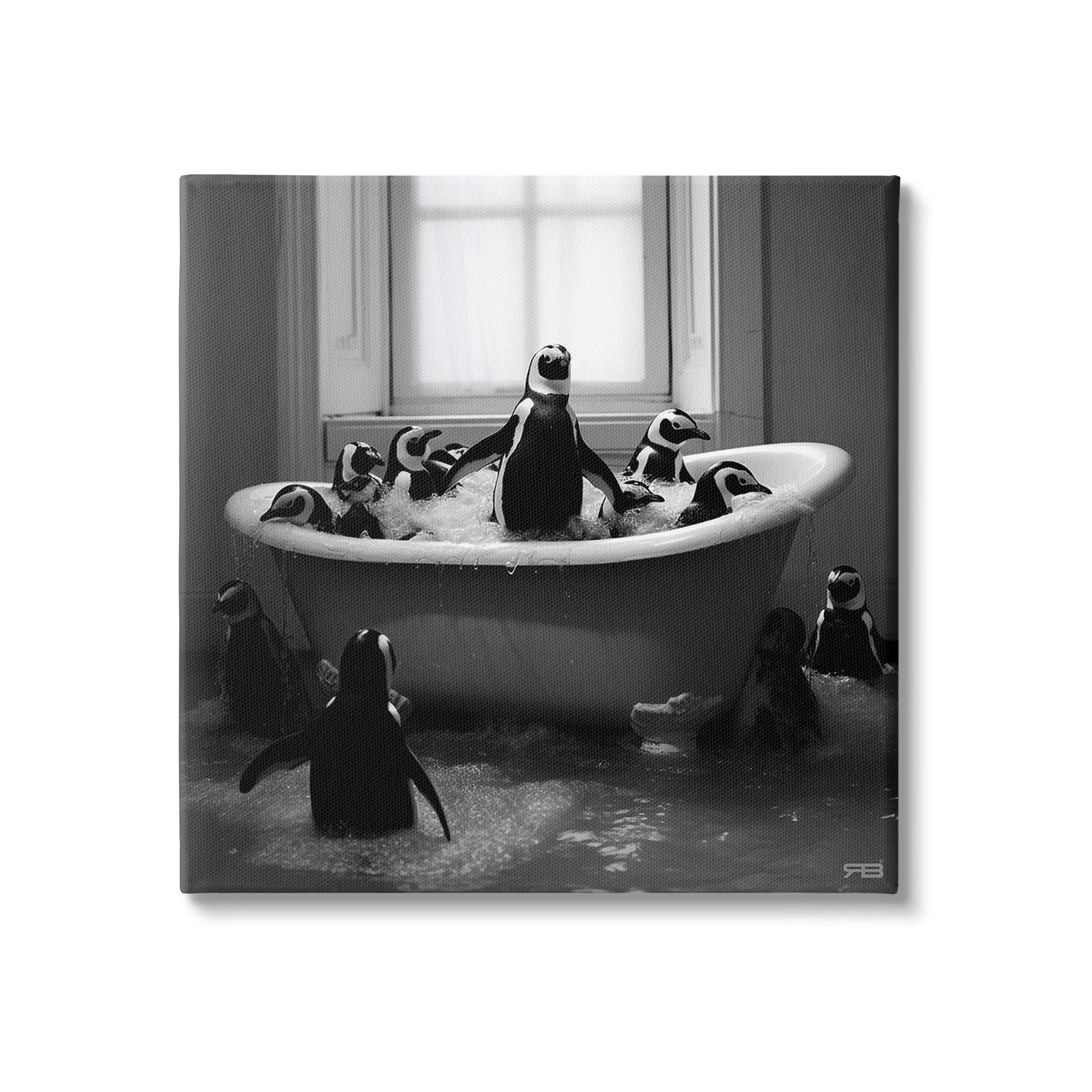 Stupell Industries Penguin Flock in Tub Animals & Insects Painting Gallery Wrapped Canvas Art Print Wall Art, 24 x 24