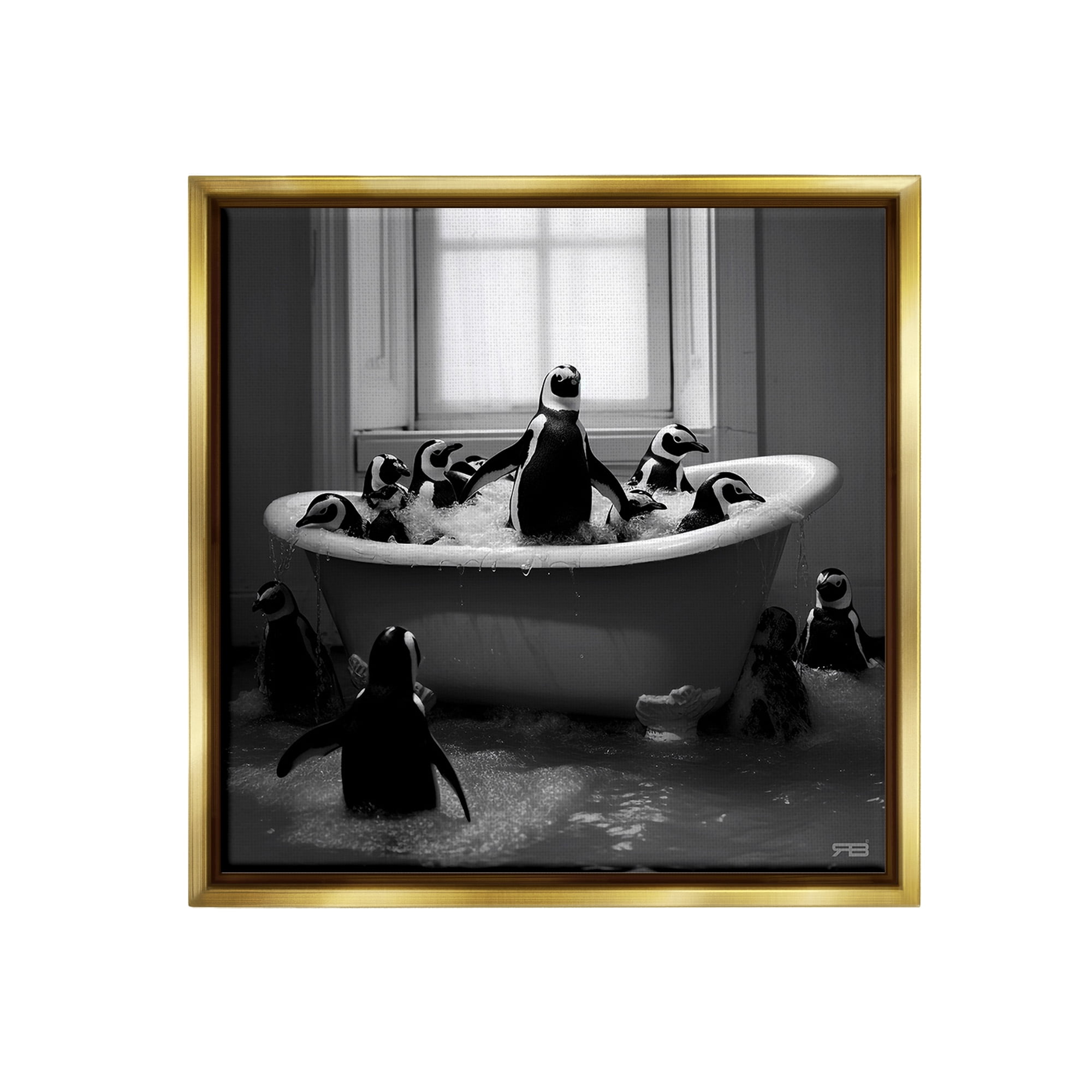 Stupell Industries Penguin Flock in Tub Animals & Insects Painting Gold Floater Framed Canvas Art Print Wall Art, 25 x 25