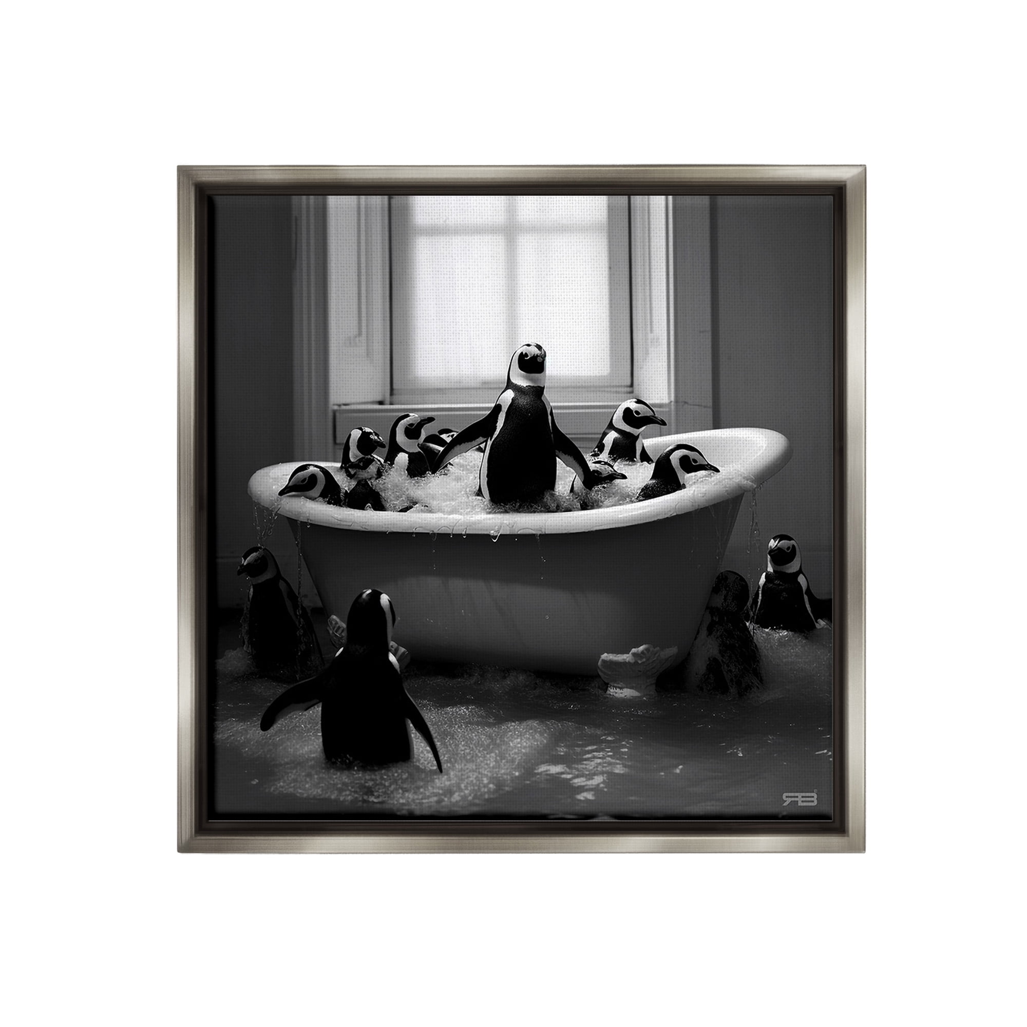 Stupell Industries Penguin Flock in Tub Animals & Insects Painting Gray Floater Framed Canvas Art Print Wall Art, 18 x 18