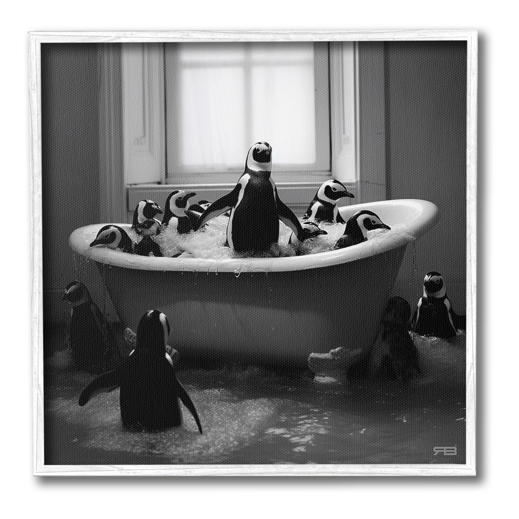Stupell Industries Penguin Flock in Tub Animals & Insects Painting White Framed Art Print Wall Art, 12 x 12