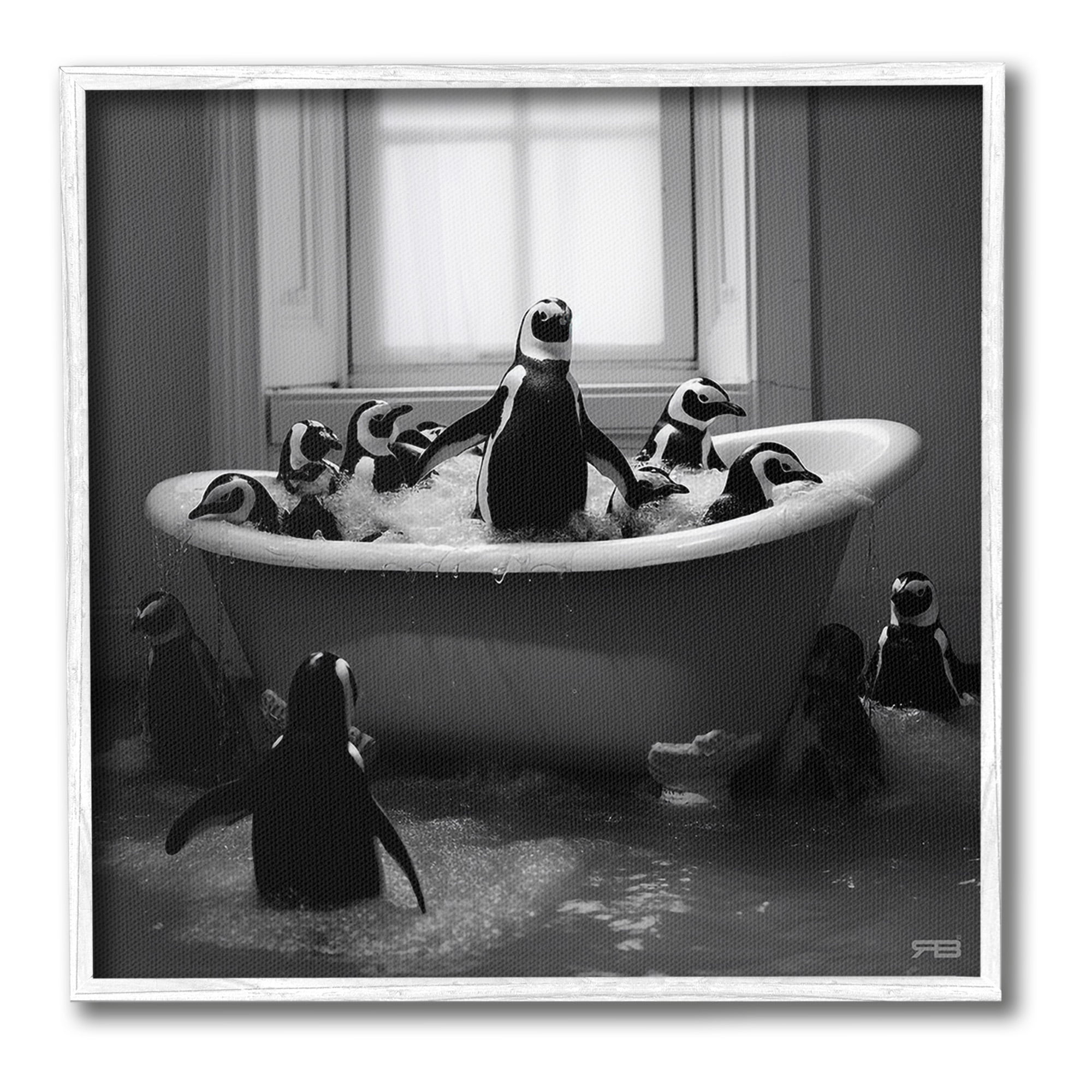 Stupell Industries Penguin Flock in Tub Animals & Insects Painting White Framed Art Print Wall Art, 17 x 17