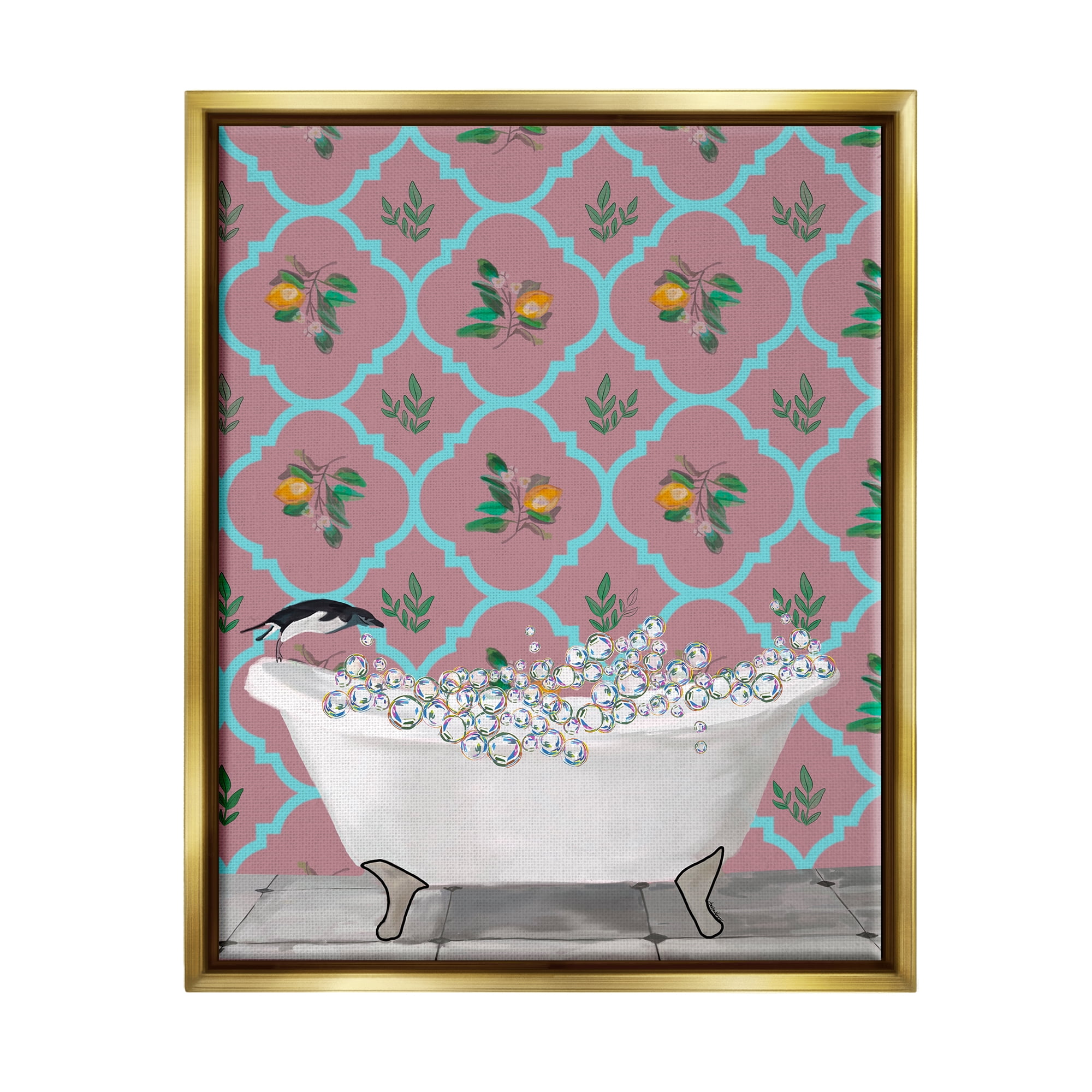 Stupell Industries Penguin Jumping in Tub Animals & Insects Painting Gold Floater Framed Art Print Wall Art, 17 x 21