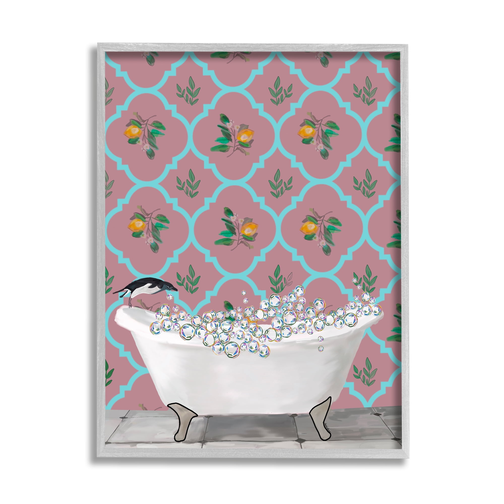 Stupell Industries Penguin Jumping in Tub Animals & Insects Painting Gray Framed Art Print Wall Art, 16 x 20