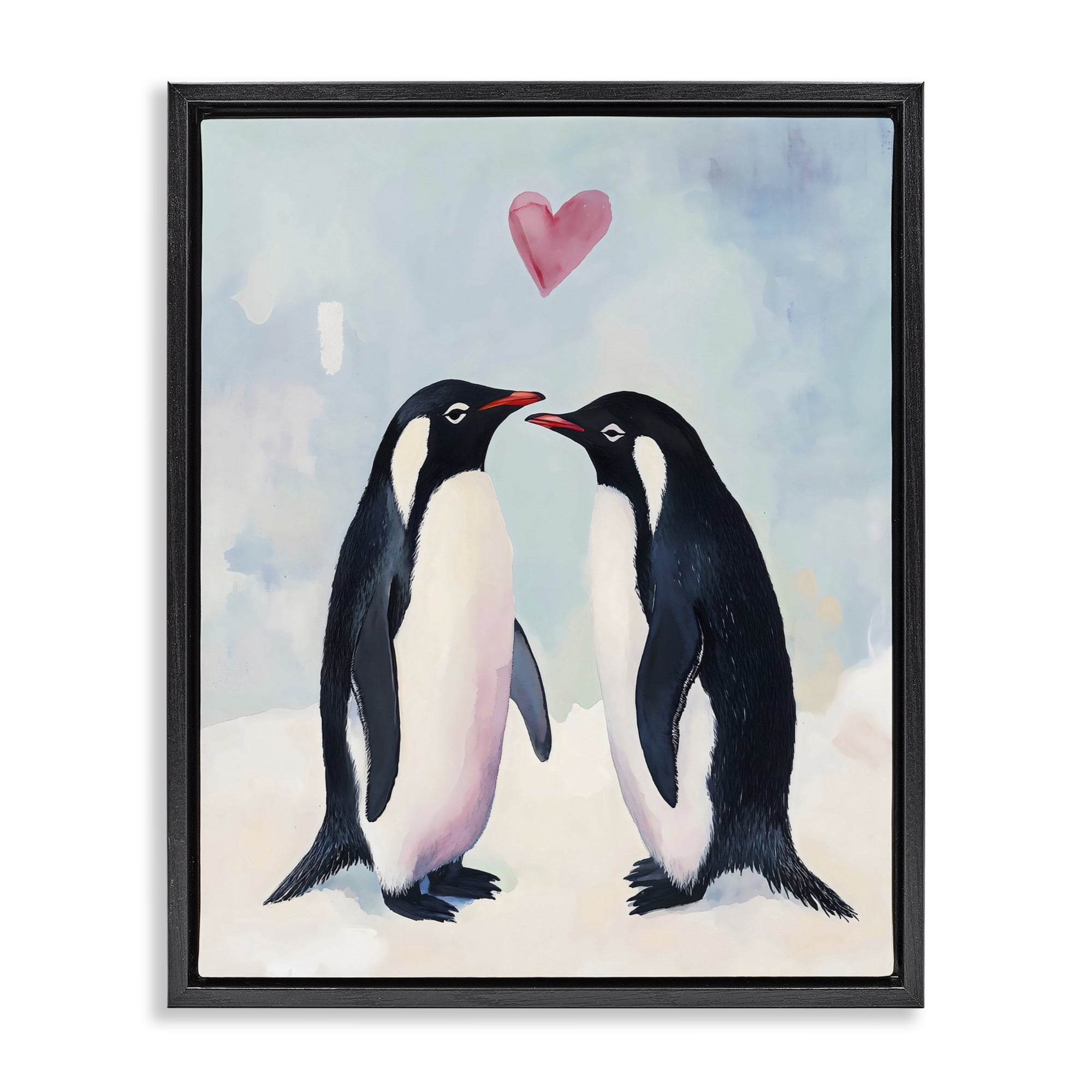 Stupell Industries Penguin Love with Heart Black Framed Floater Canvas Wall Art, design by The Prints Vibe