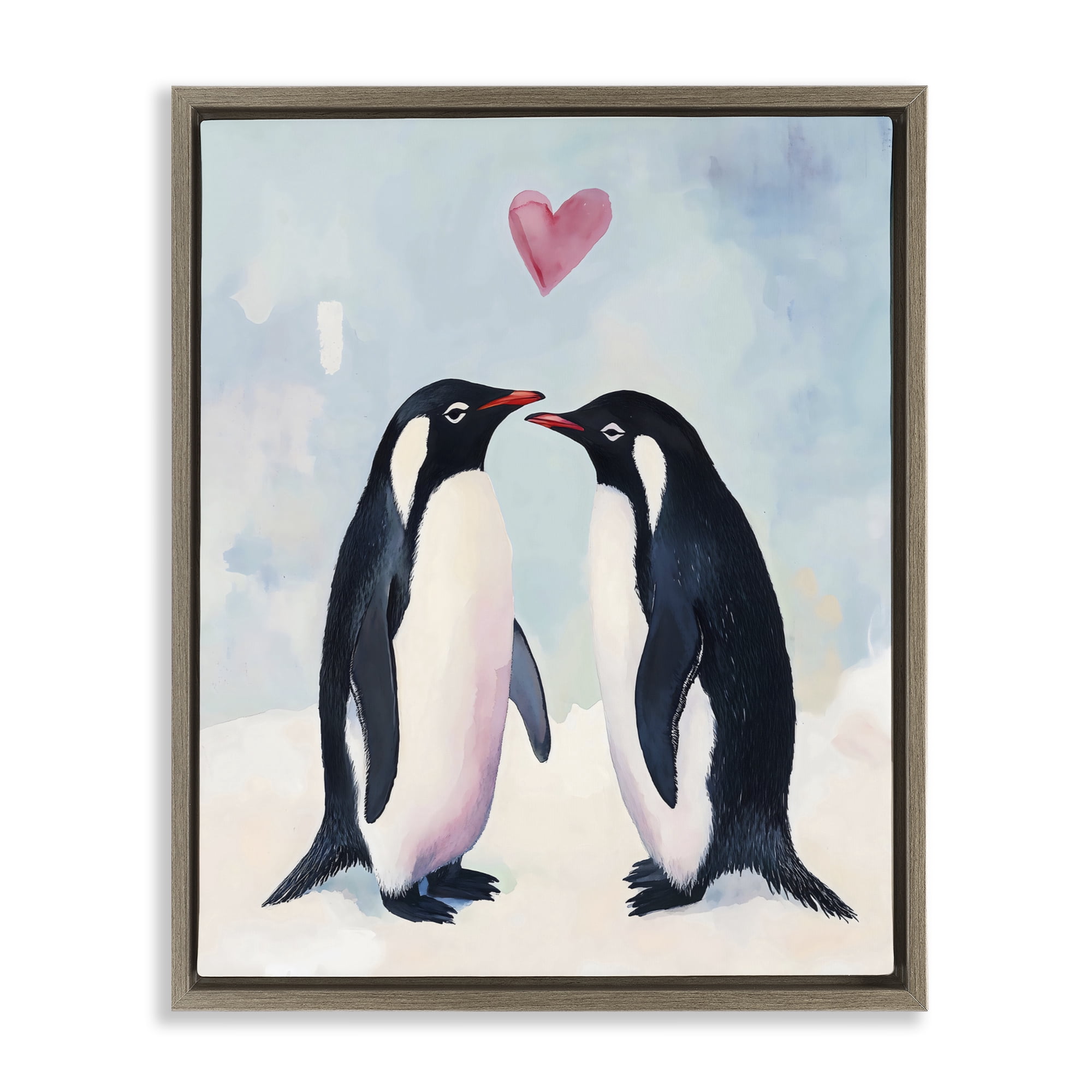 Stupell Industries Penguin Love with Heart Brown Framed Floater Canvas Wall Art, design by The Prints Vibe