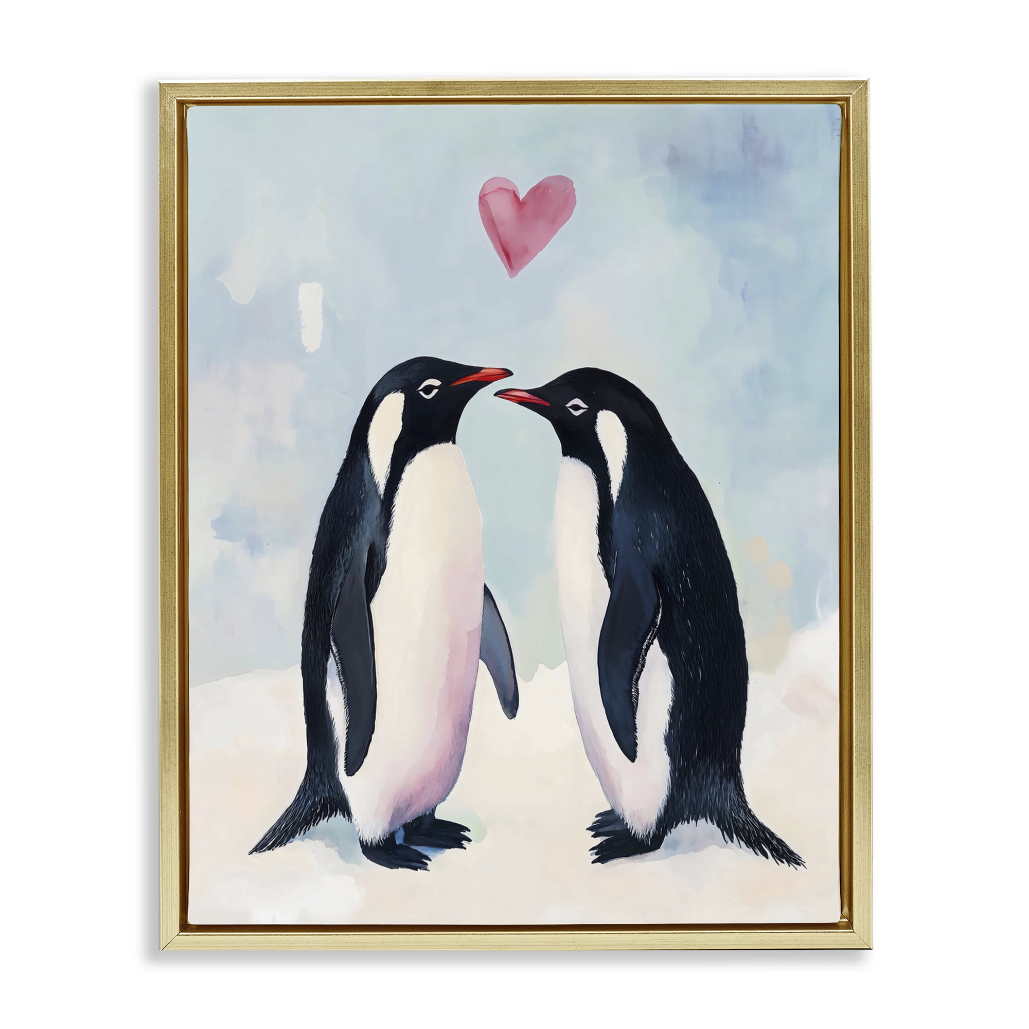 Stupell Industries Penguin Love with Heart Gold Framed Floater Canvas Wall Art, design by The Prints Vibe