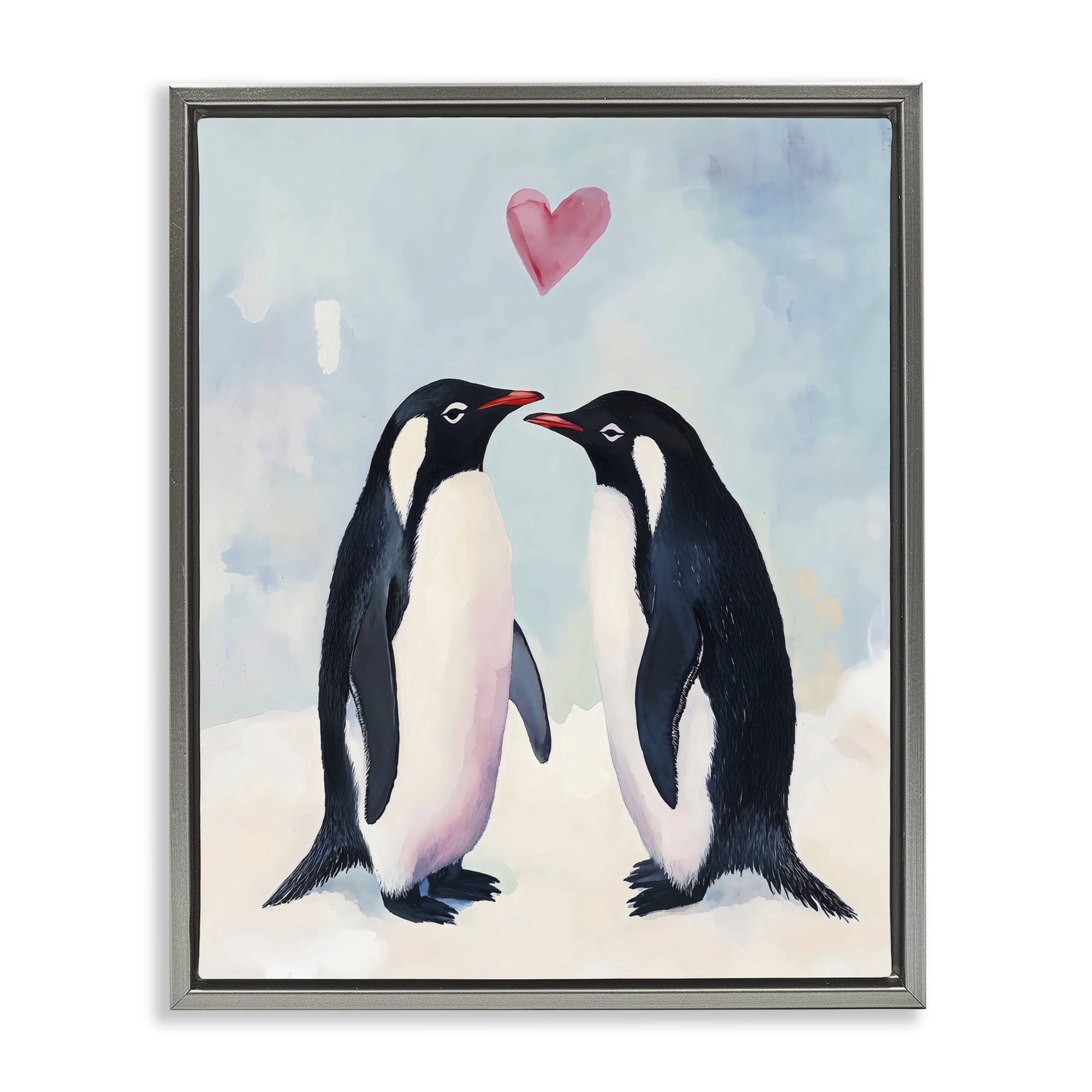 Stupell Industries Penguin Love with Heart Gray Framed Floater Canvas Wall Art, design by The Prints Vibe