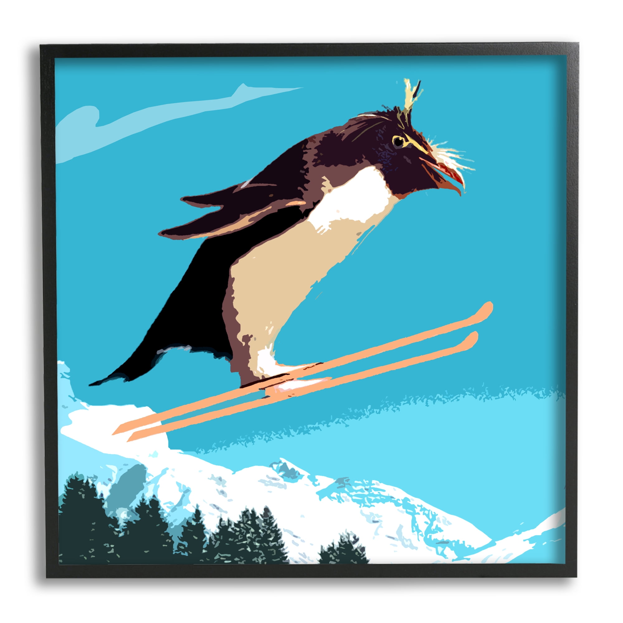 Stupell Industries Penguin Skiing Above Trees Winter Sports Illustration Graphic Art Black Framed Art Print Wall Art, Design by Noah Bay
