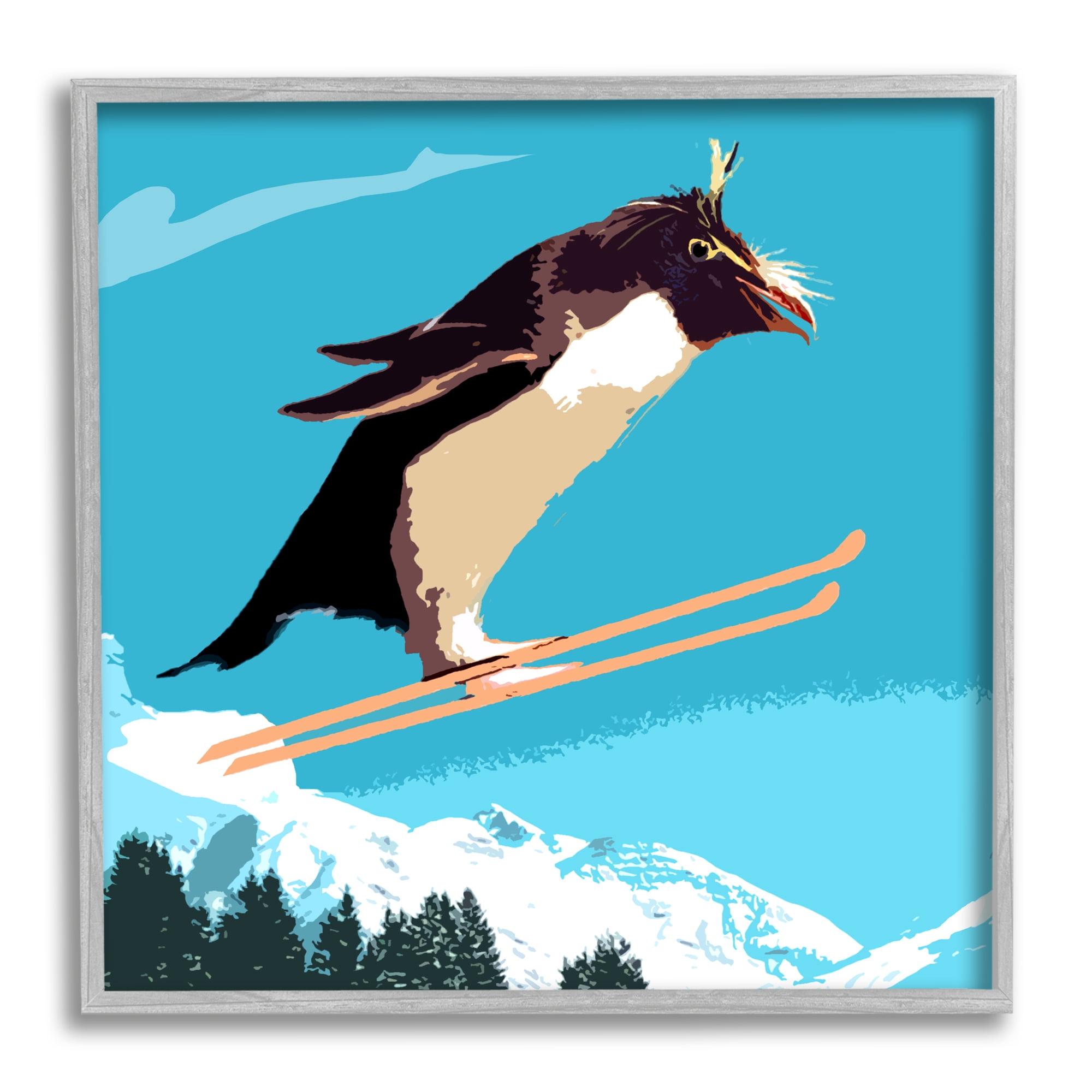 Stupell Industries Penguin Skiing Above Trees Winter Sports Illustration Graphic Art Gray Framed Art Print Wall Art, Design by Noah Bay