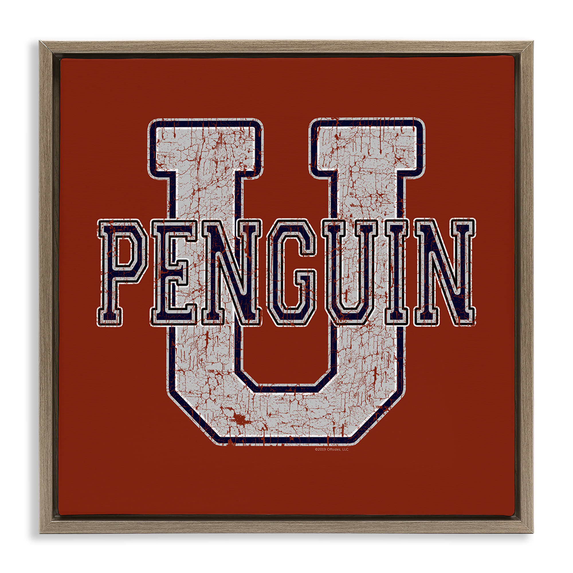 Stupell Industries Penguin U Varsity Animals Painting Brown Floater Framed Canvas Art Print Wall Art, 25 x 25