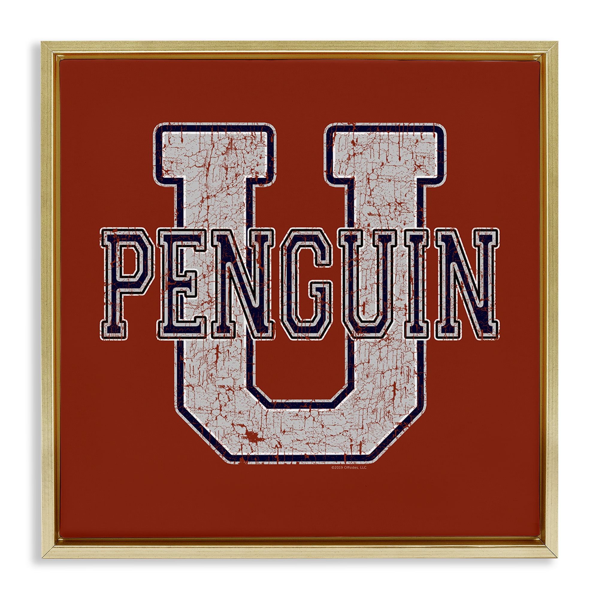 Stupell Industries Penguin U Varsity Animals Painting Gold Floater Framed Canvas Art Print Wall Art, 18 x 18