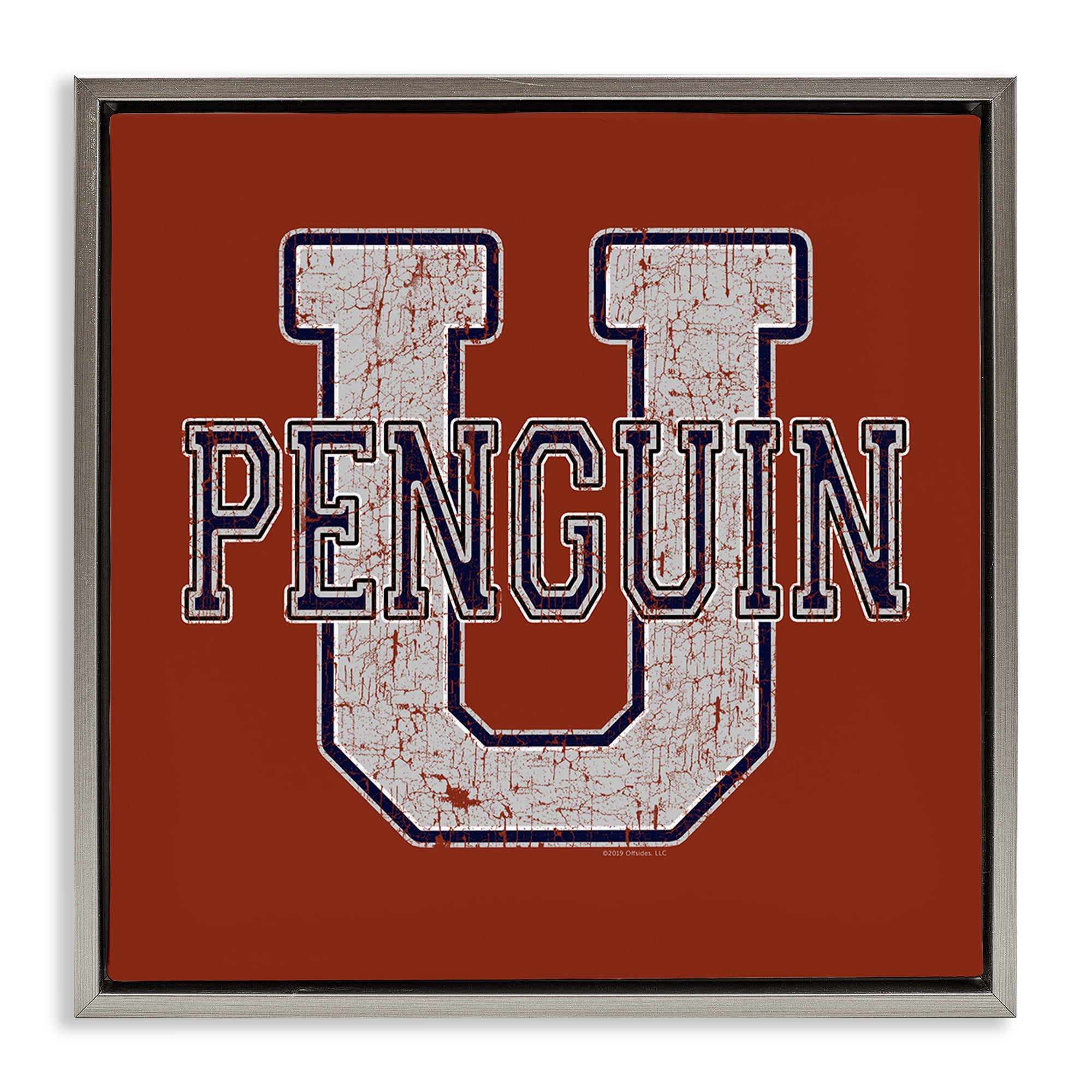 Stupell Industries Penguin U Varsity Animals Painting Gray Floater Framed Canvas Art Print Wall Art, 18 x 18