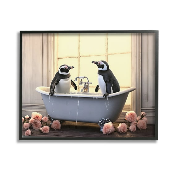 Stupell Industries Penguins Bathing in Tub Animals & Insects Painting Black Framed Art Print Wall Art, 14 x 11