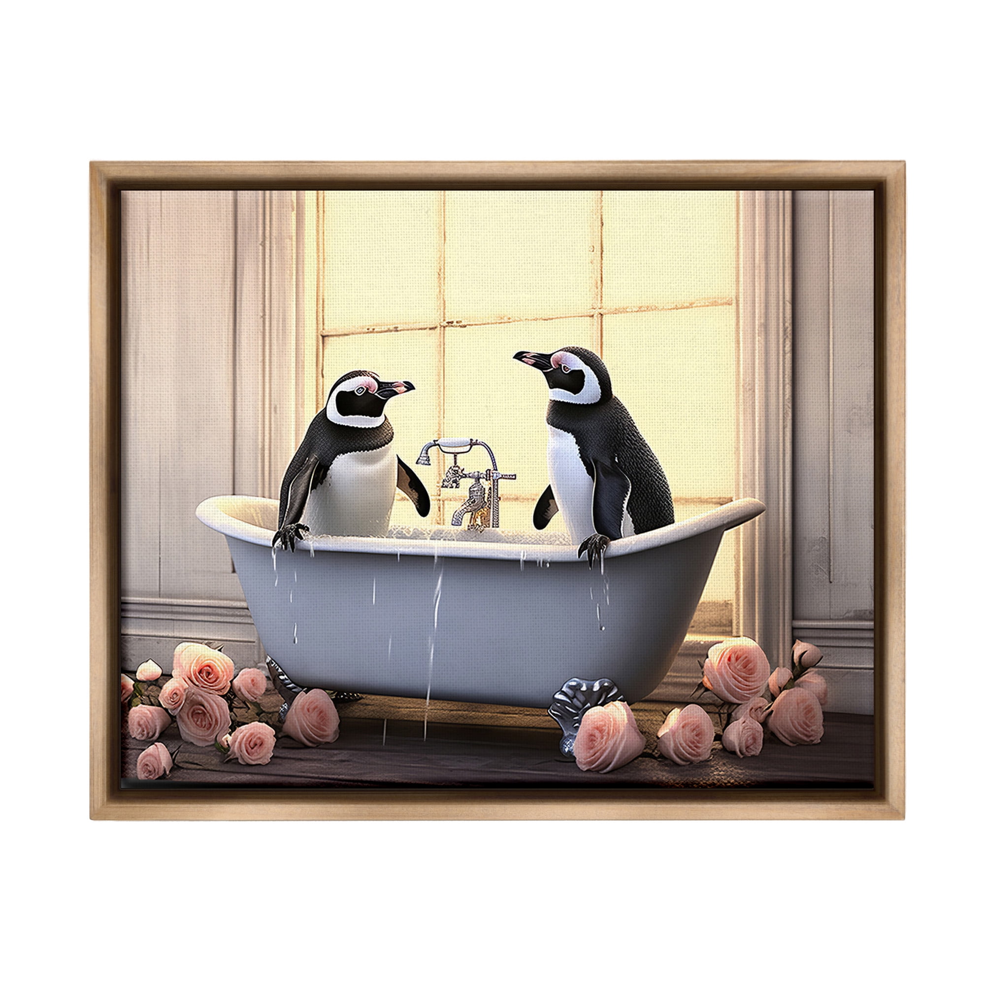 Stupell Industries Penguins Bathing in Tub Animals & Insects Painting Brown Floater Framed Canvas Art Print Wall Art, 31 x 25