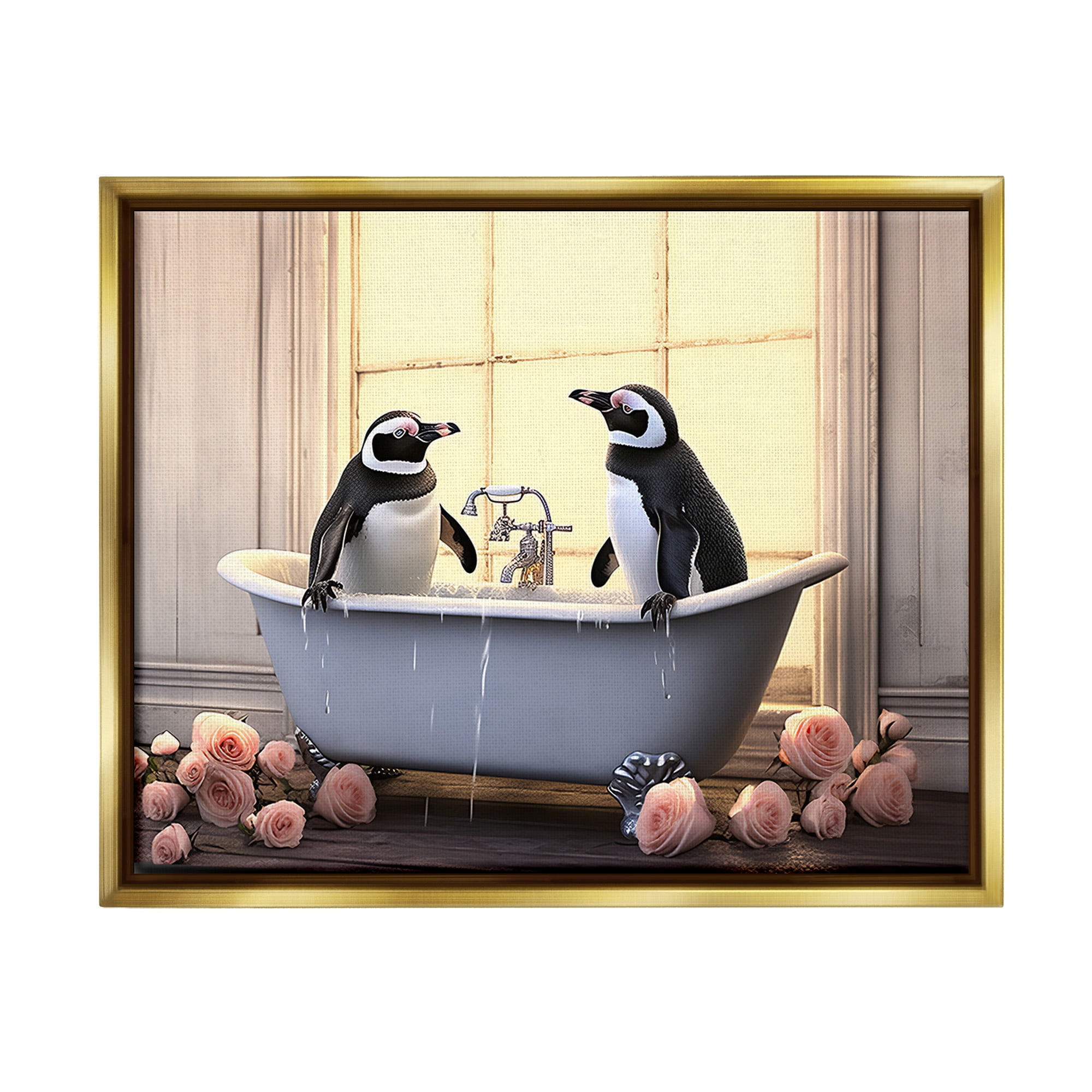 Stupell Industries Penguins Bathing in Tub Animals & Insects Painting Gold Floater Framed Canvas Art Print Wall Art, 21 x 17