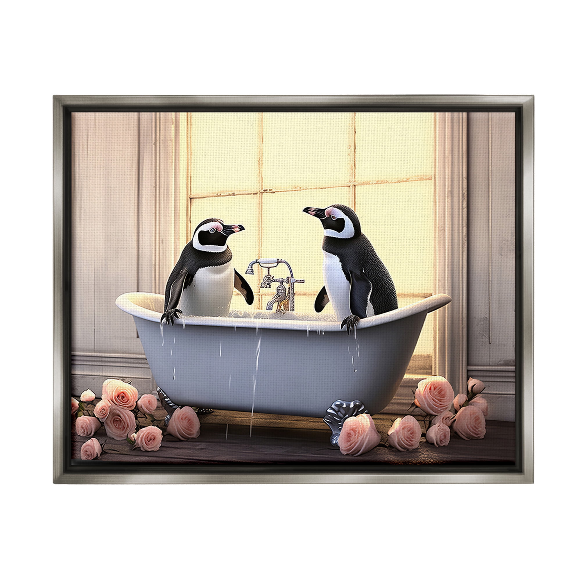 Stupell Industries Penguins Bathing in Tub Animals & Insects Painting Gray Floater Framed Canvas Art Print Wall Art, 21 x 17